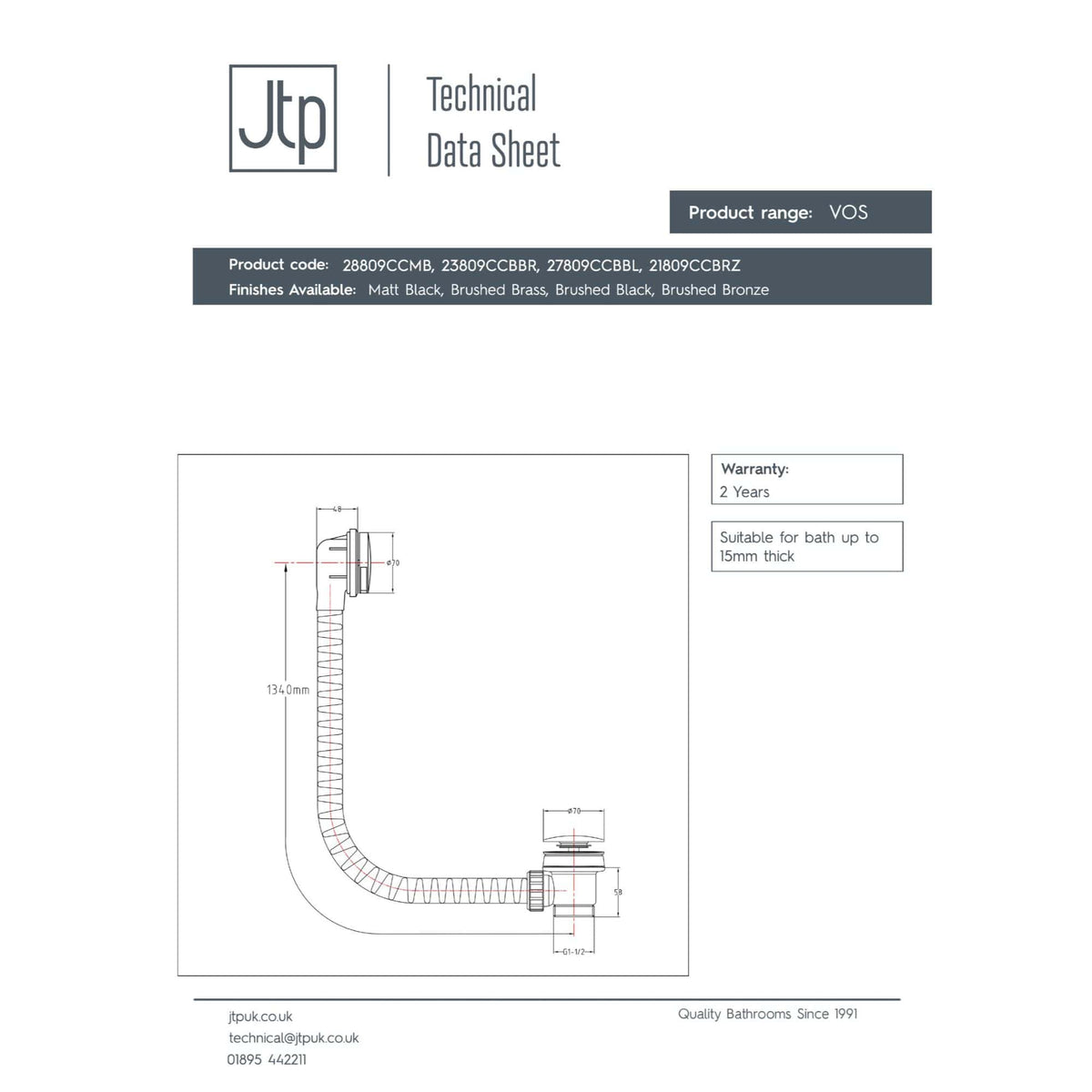 Flexible bathroom drain pipe with technical drawing, suitable for baths up to 15mm thick, available in Matt Black, Brushed Brass, Brushed Black, and Brushed Bronze finishes.