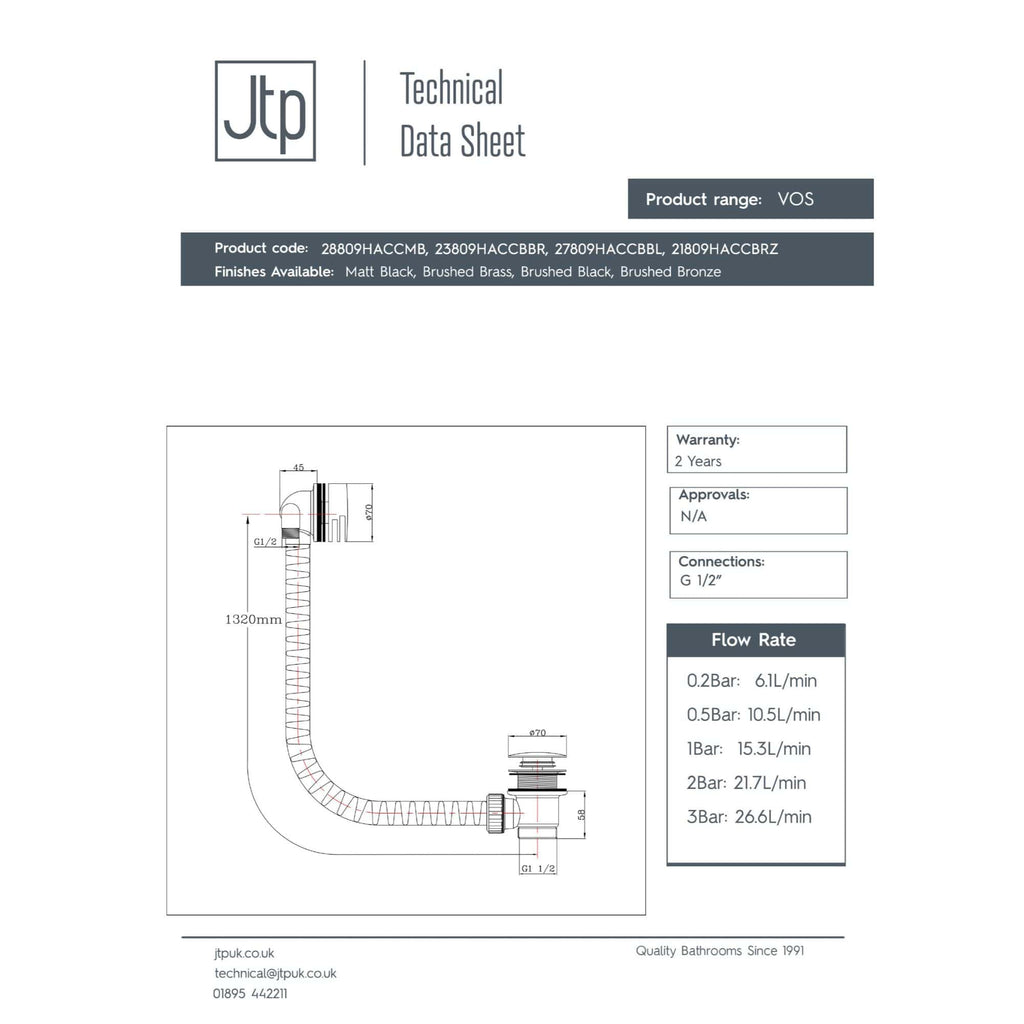Flexible bathroom waste pipe with G 1/2" connection, chrome finish, 1320mm length, suitable for modern bathroom installations.