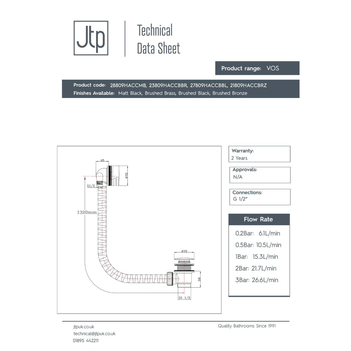 Flexible bathroom waste pipe with G 1/2" connection, chrome finish, 1320mm length, suitable for modern bathroom installations.