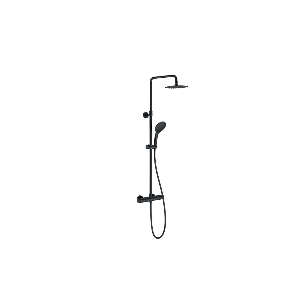 Black shower head and handheld shower with wall mount bar, modern bathroom mixer for tub and shower. Stylish and functional black bathroom accessories for contemporary bathroom designs.