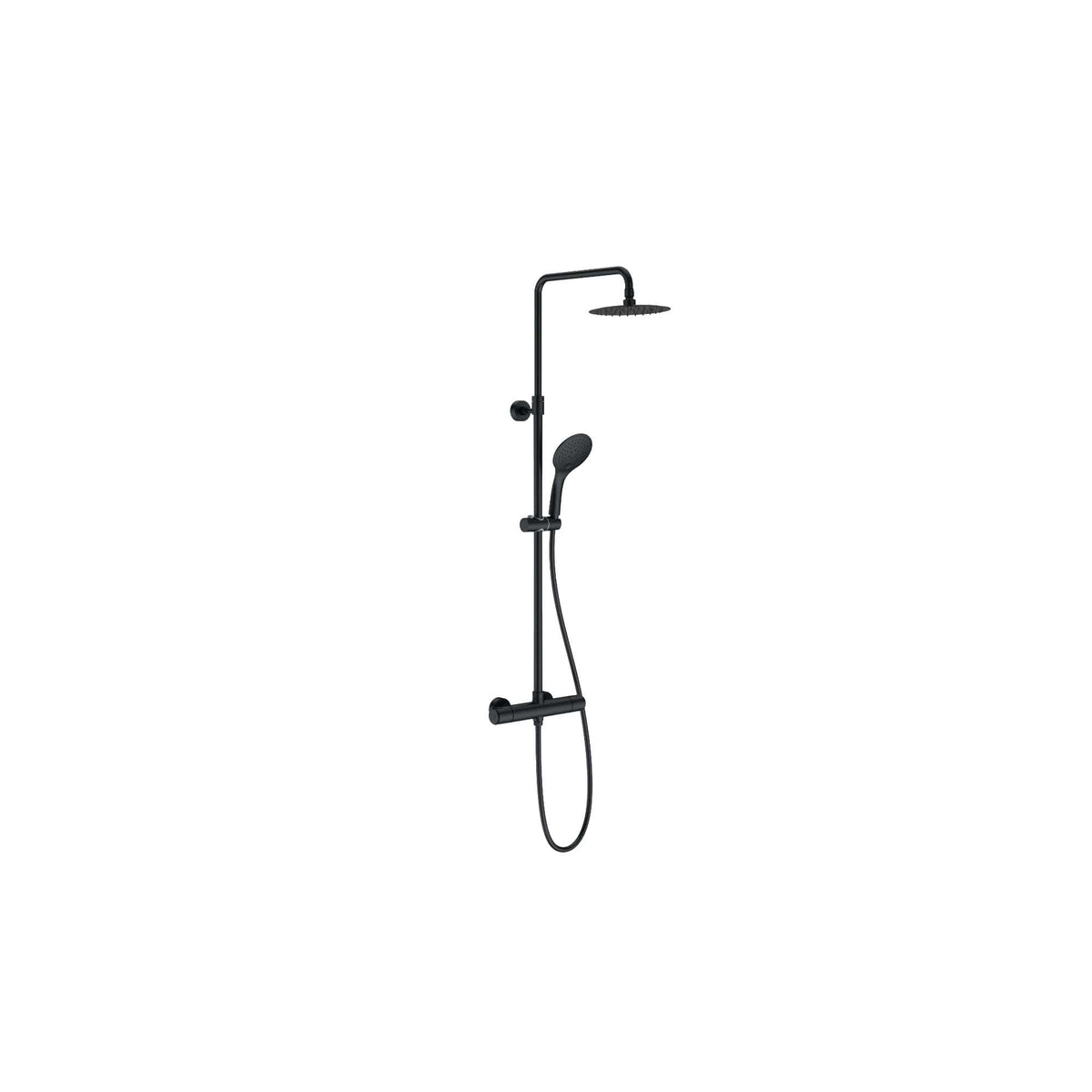Black shower head and handheld shower with wall mount bar, modern bathroom mixer for tub and shower. Stylish and functional black bathroom accessories for contemporary bathroom designs.