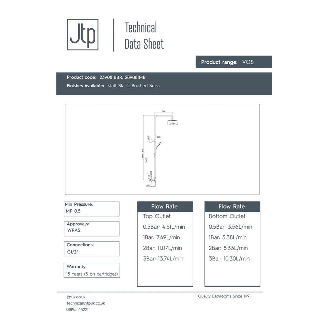 Vibrant Bubly bathroom shower system featuring sleek design with top and bottom outlets, ideal for modern bathrooms, available in matte black and brushed brass finishes.