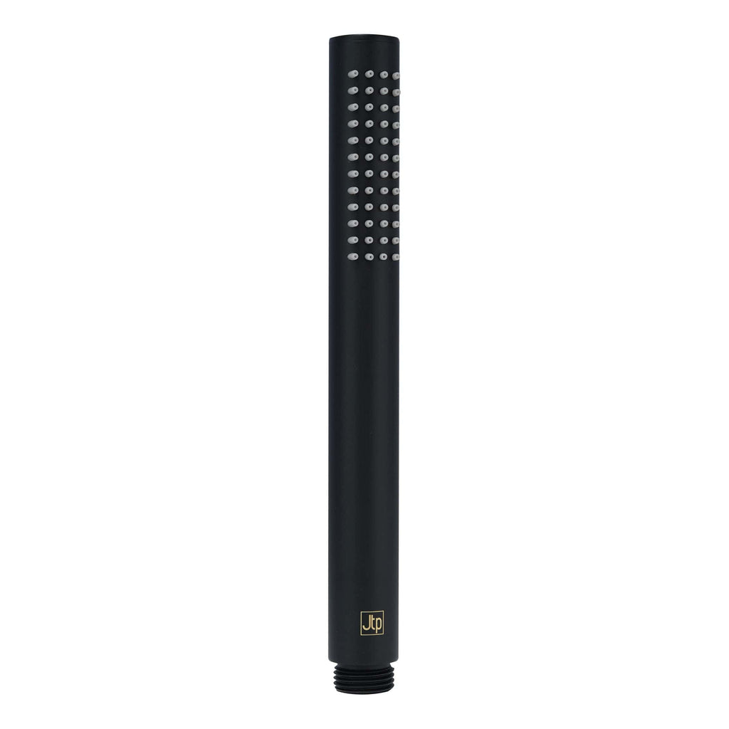 Black handheld shower head with multiple spray settings for modern bathroom designs.