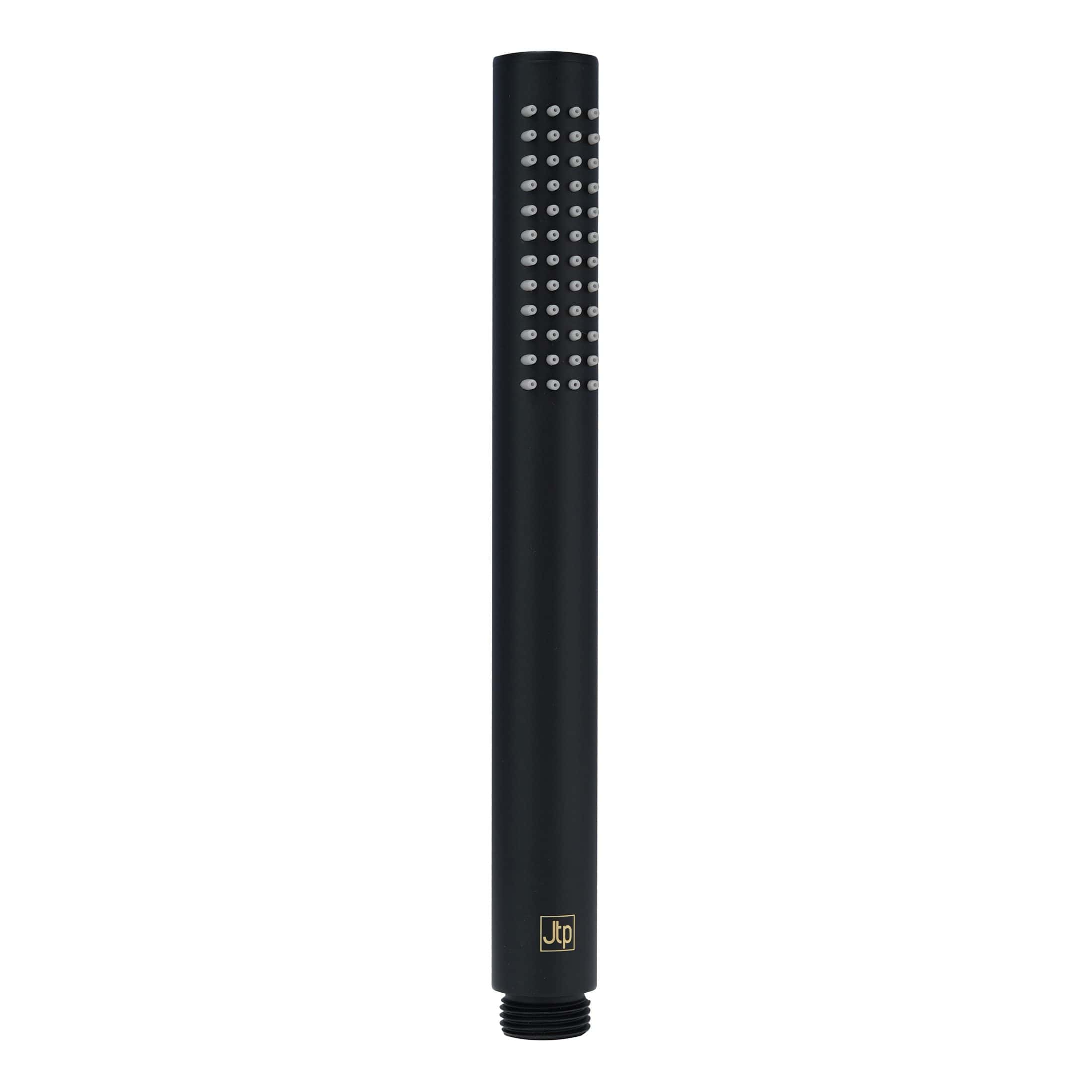 Black handheld shower head with multiple spray settings for modern bathroom designs.