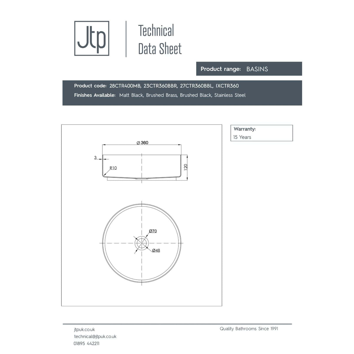 Stainless steel bathroom sink with a modern, sleek design, featuring a 360mm diameter, R10 rounded corners, and a durable finish, perfect for contemporary bathrooms.