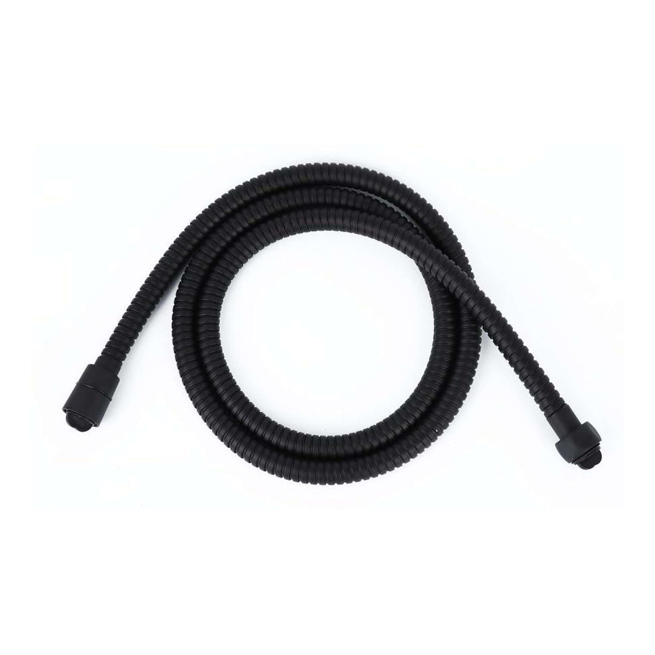 Flexible black shower hose with durable plastic ends for bathroom plumbing repairs. Ideal for replacing or upgrading showerhead connections, ensuring reliable water flow and easy installation.