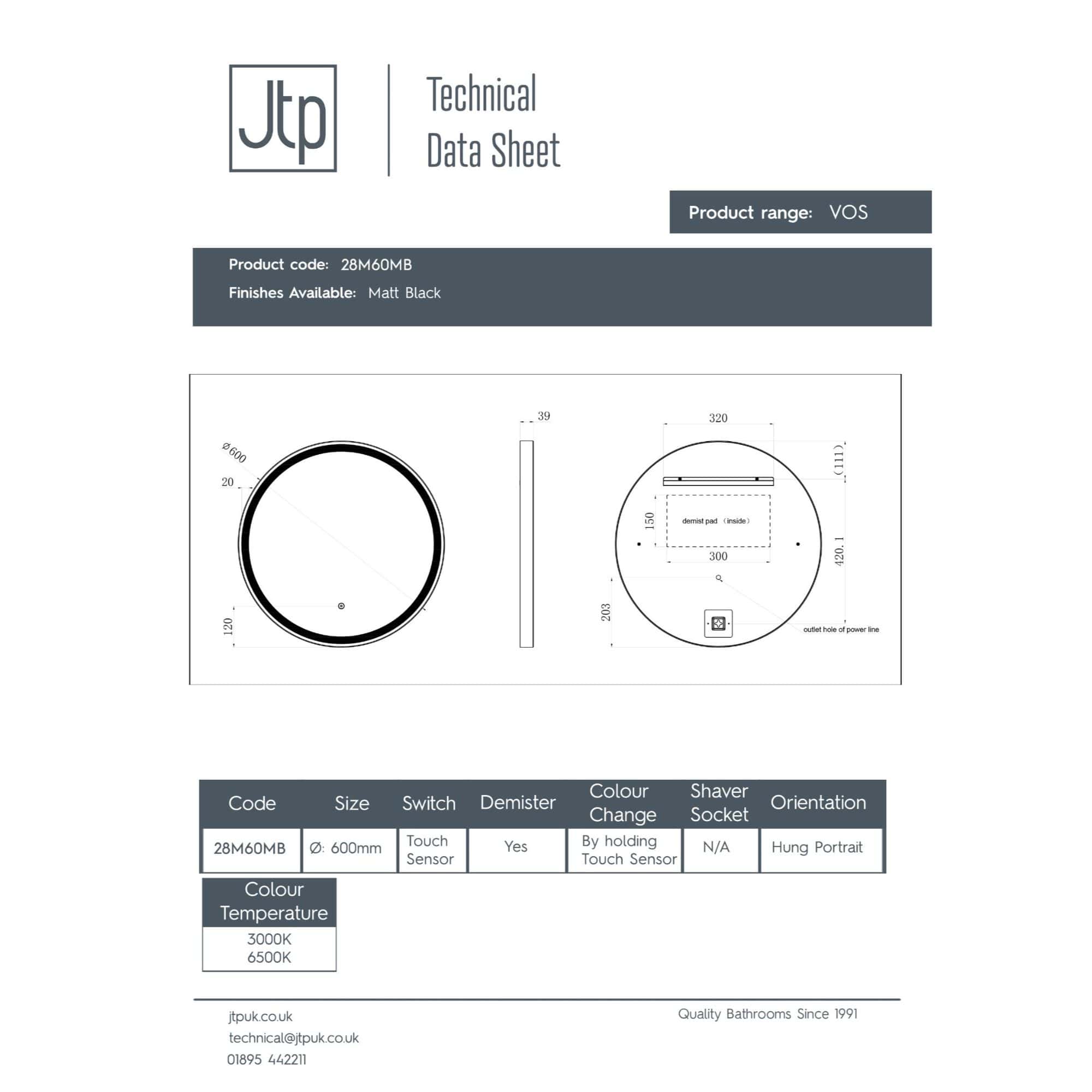 Vessel bathroom heater with touch sensor, black finish, 600mm diameter, ideal for modern bathrooms, featuring demister pad and adjustable temperature from 3000K to 6500K.