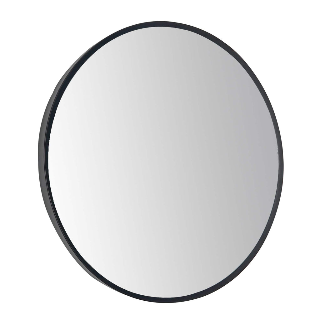 Modern round wall mirror suitable for contemporary bathroom decor.