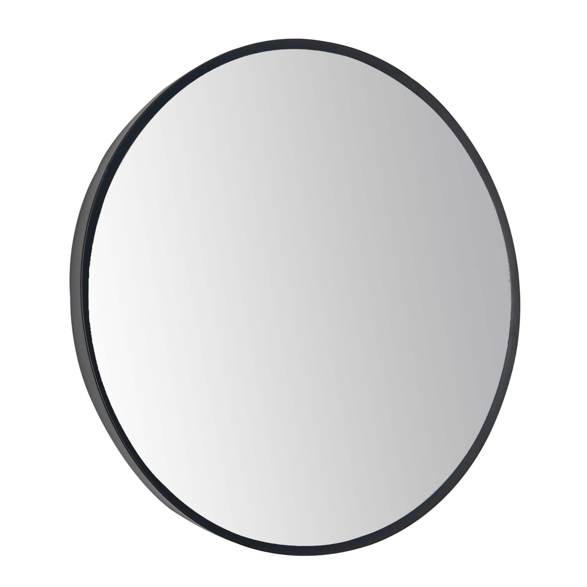 Modern round wall mirror suitable for contemporary bathroom decor.