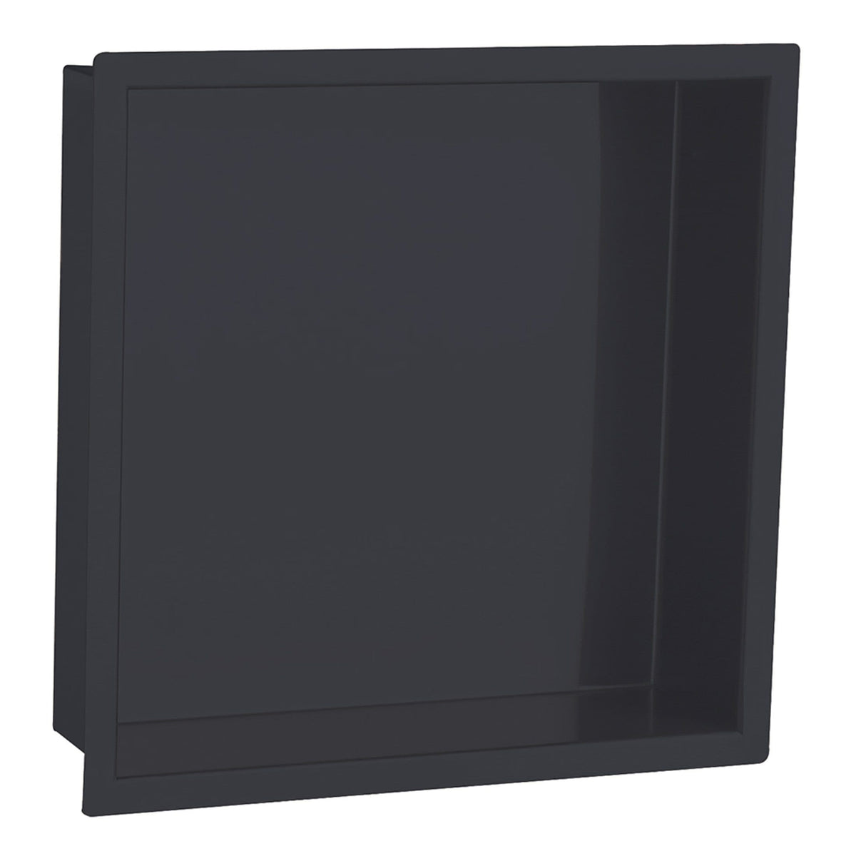 Sleek black bathroom wall niche for modern shower organisation, provides practical storage for toiletries and bathing essentials. Perfect for contemporary bathroom design.