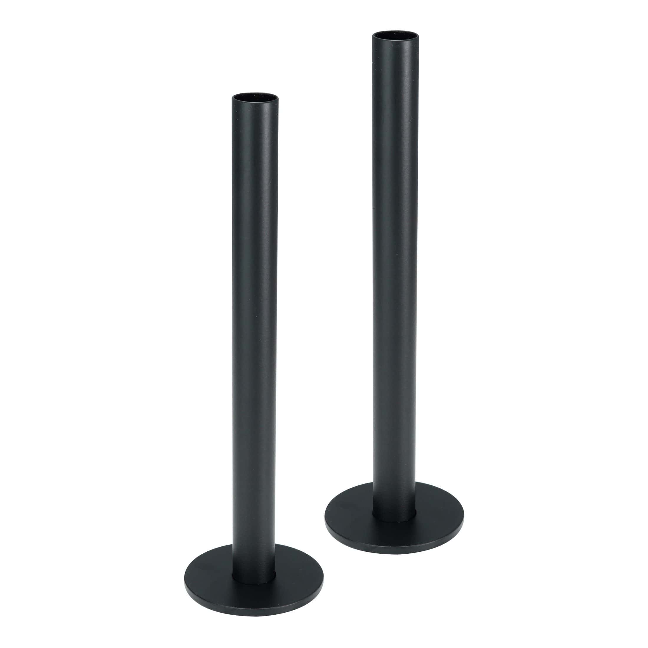 Sleek black bathroom speaker stands for Bubly Bathrooms, ideal for modern bathroom audio setups, durable metal construction with round bases for stability.