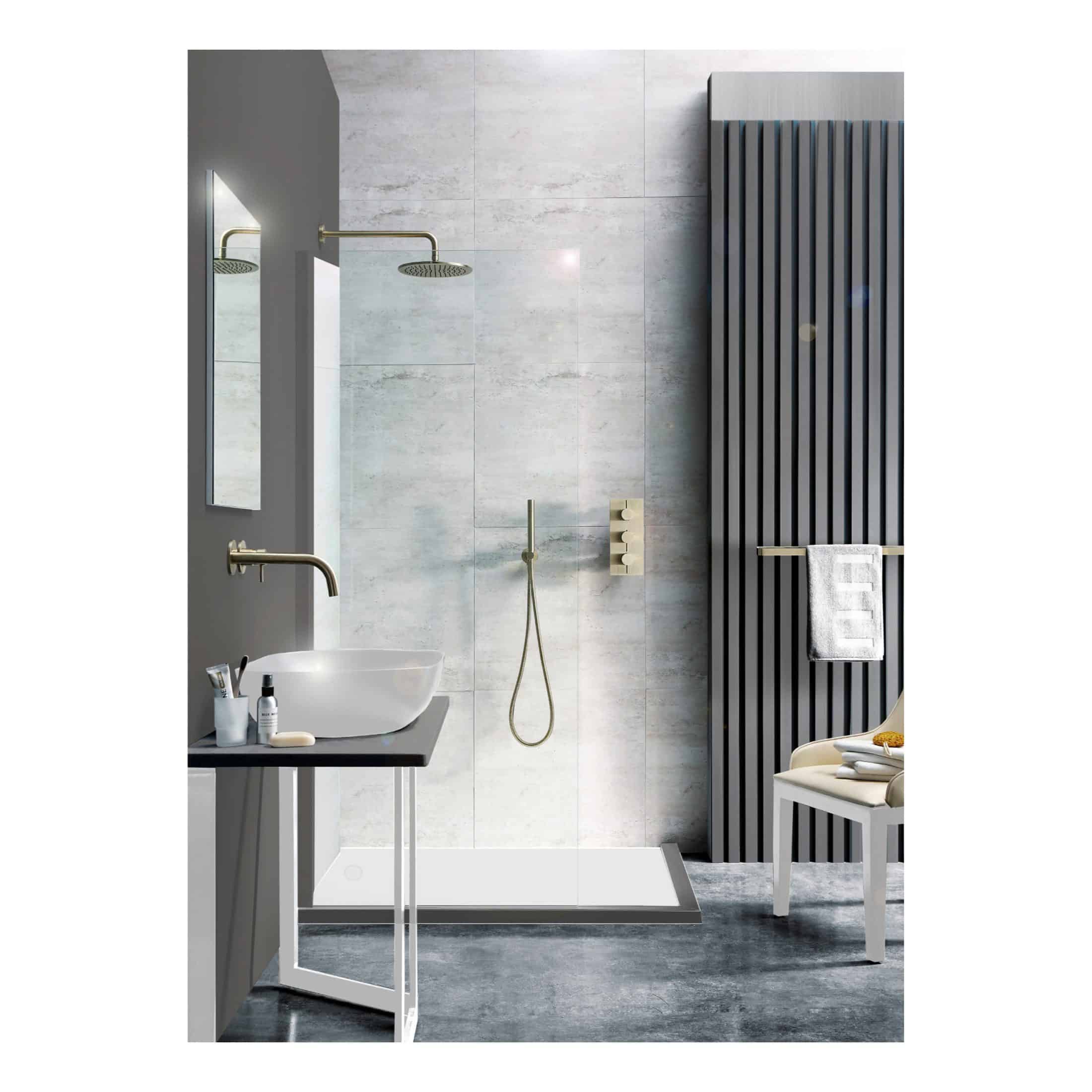 Modern minimalist bathroom with walk-in shower, grey tiles, and contemporary fixtures, offering a sleek and stylish bathroom design for ultimate relaxation.