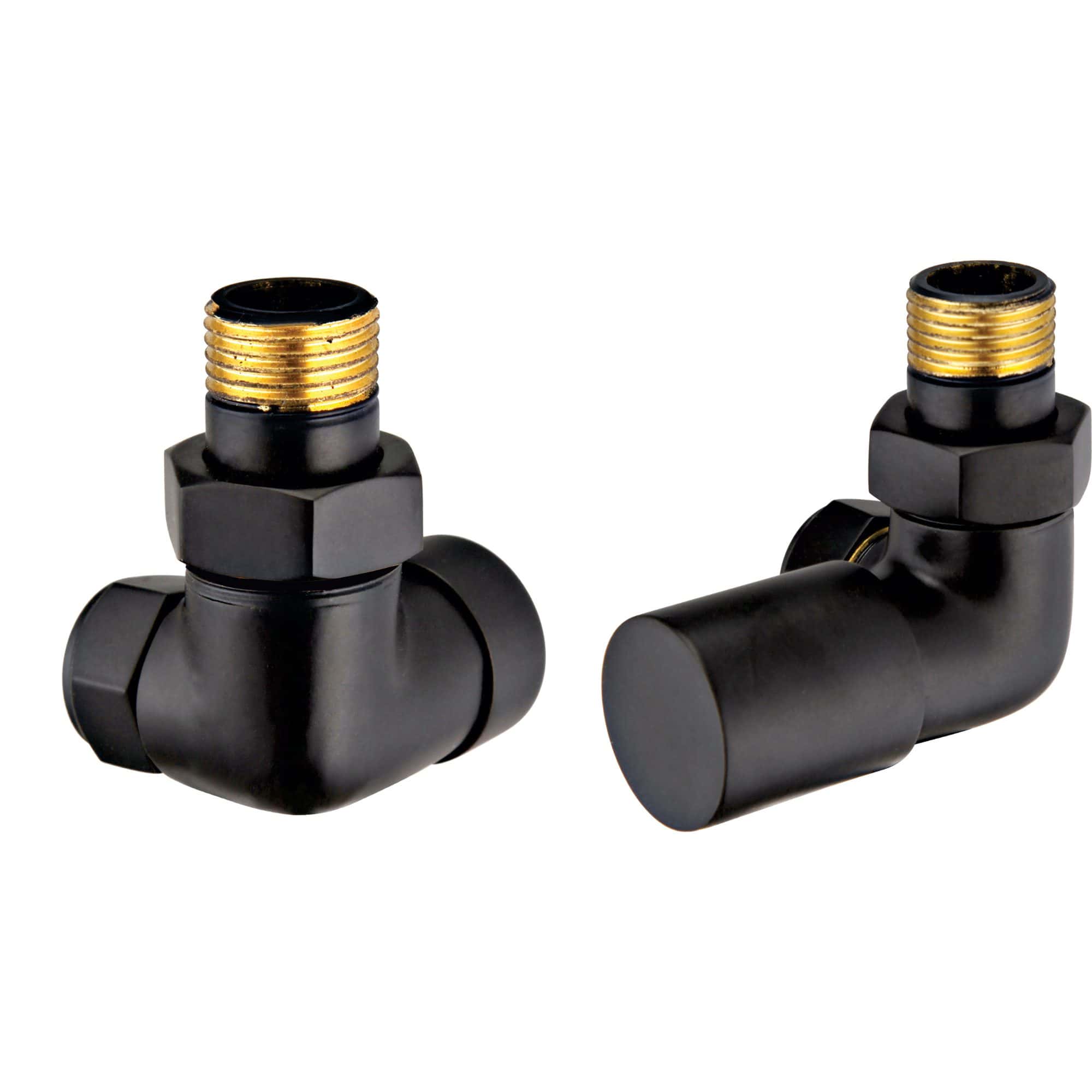 Black and gold radiator valves with threaded fittings, designed for bathroom heating systems, showcasing modern black matte finish and durable brass components.
