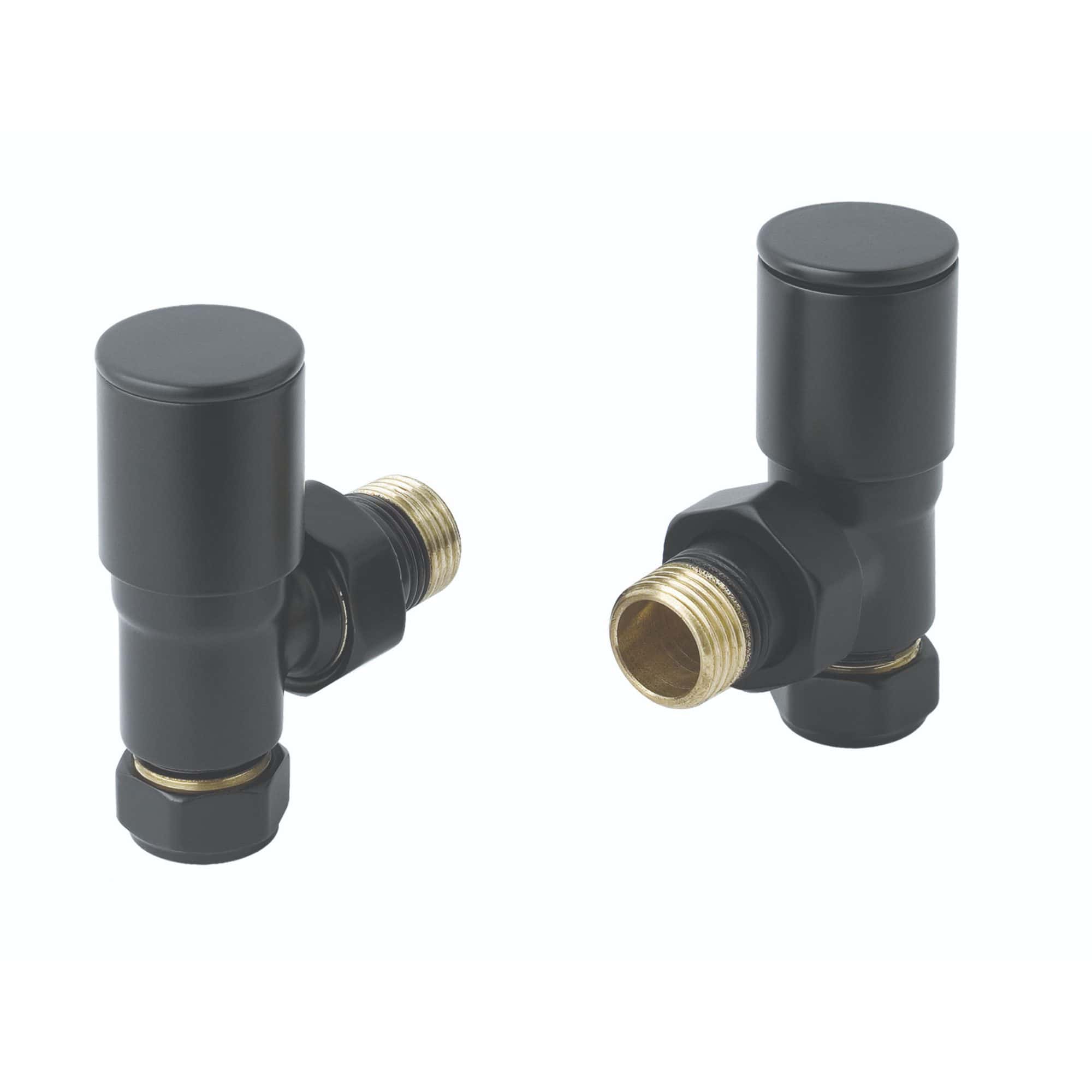 Black thermostatic radiator valve pair with brass connectors, used for precise control of heating systems in modern bathrooms and plumbing installations.