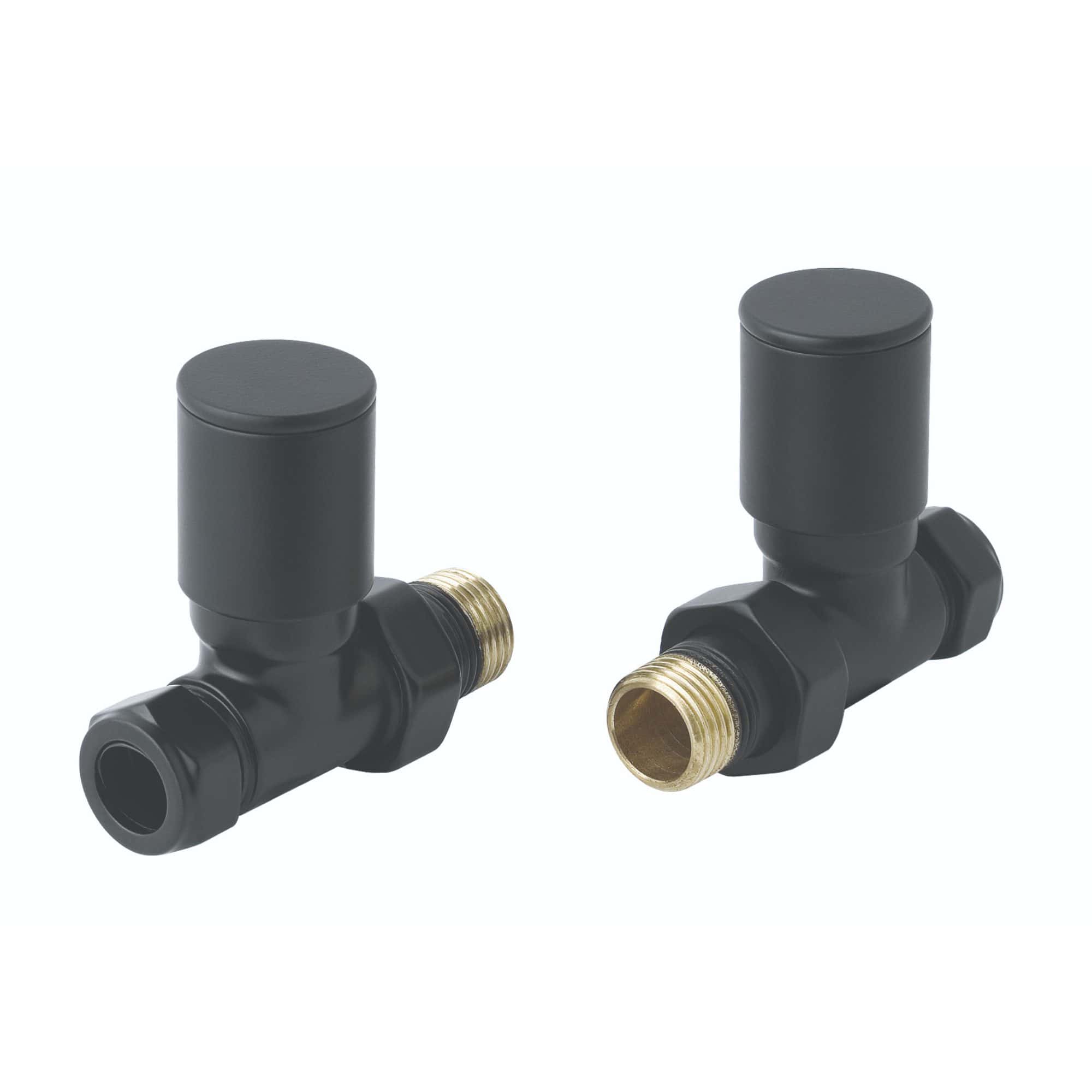 Black radiator valve controls for bathroom heating systems, with brass fittings for easy installation, ideal for bathroom renovation projects.