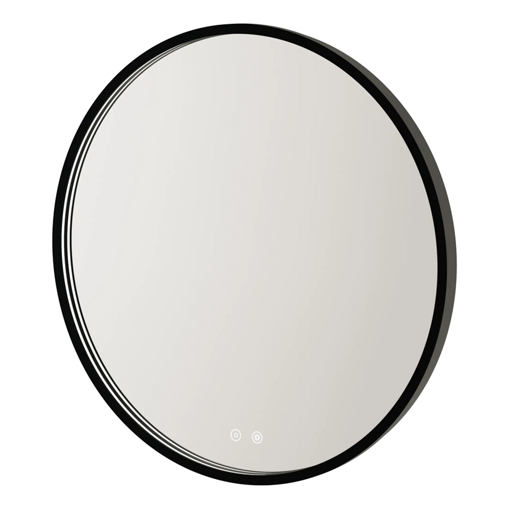 Sleek round bathroom mirror with modern black frame, suitable for contemporary bathroom decor and vanity areas.