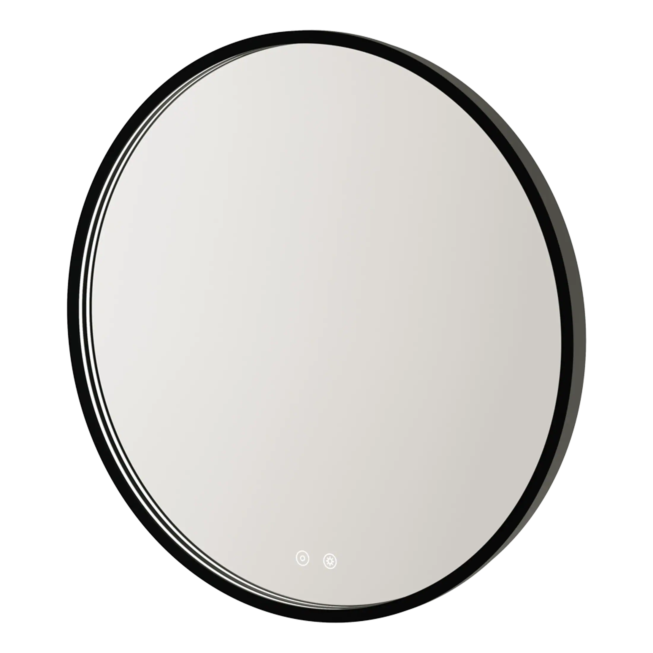 Sleek round bathroom mirror with modern black frame, suitable for contemporary bathroom decor and vanity areas.
