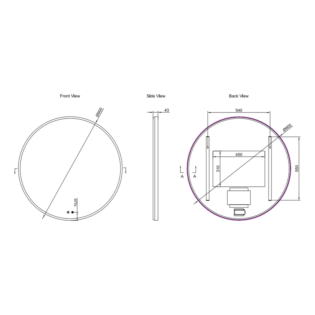 Round bathroom layout technical drawing with dimensions for planning modern Bubly Bathrooms interiors.