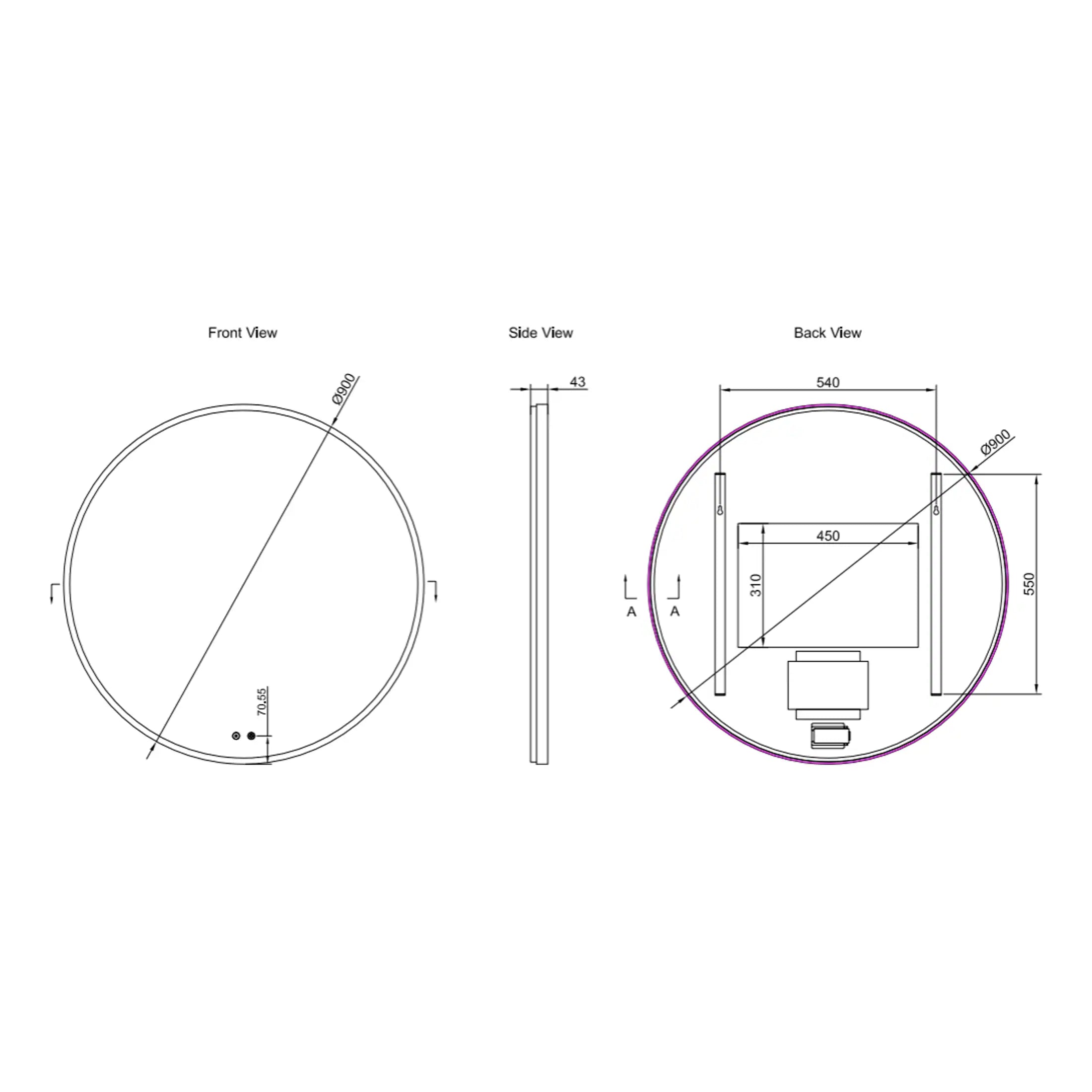 Round bathroom layout technical drawing with dimensions for planning modern Bubly Bathrooms interiors.