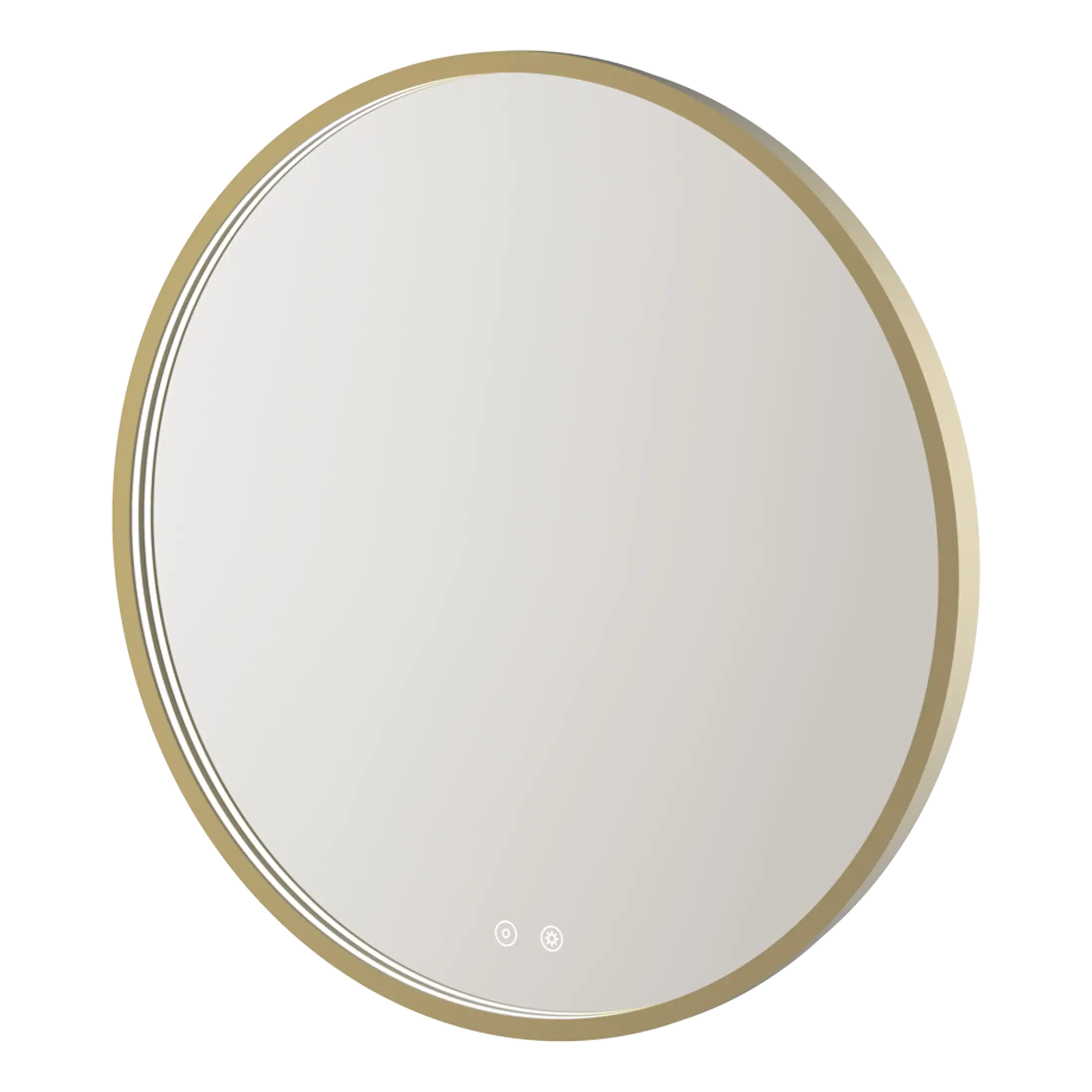 Sleek circular mirror with gold-trimmed edges, ideal for modern bathrooms, enhancing space and light. Perfect for stylish bathroom decor and grooming routines.
