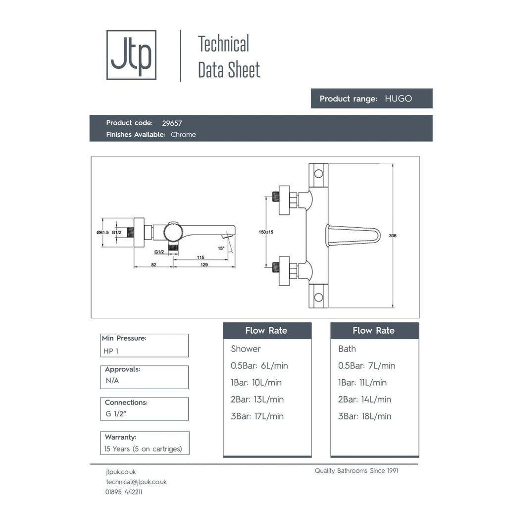 Optimised bathroom digital technical drawing of Bubly Bathrooms HUGO product range, showcasing detailed measurements, flow rates for shower and bath, and durable chrome finish, perfect for renovation or installation planning.