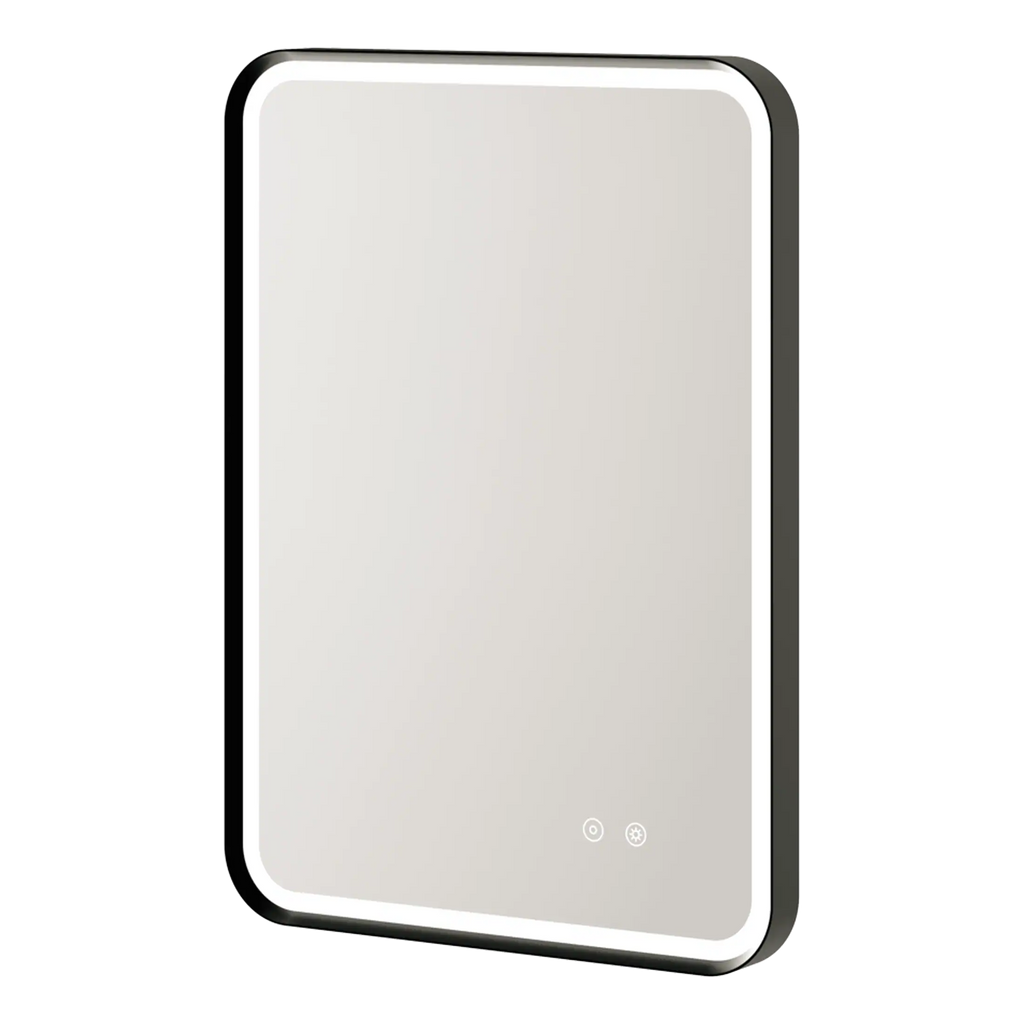 Modern LED illuminated bathroom mirror with touch control, ideal for contemporary bathrooms and bathroom renovations.