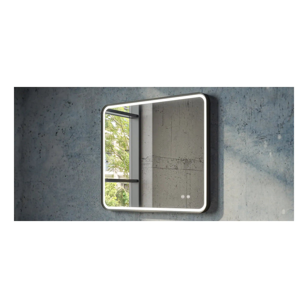 Sleek illuminated modern bathroom mirror with LED lighting on a concrete wall, featuring touch controls, ideal for contemporary bathrooms and vanity areas.