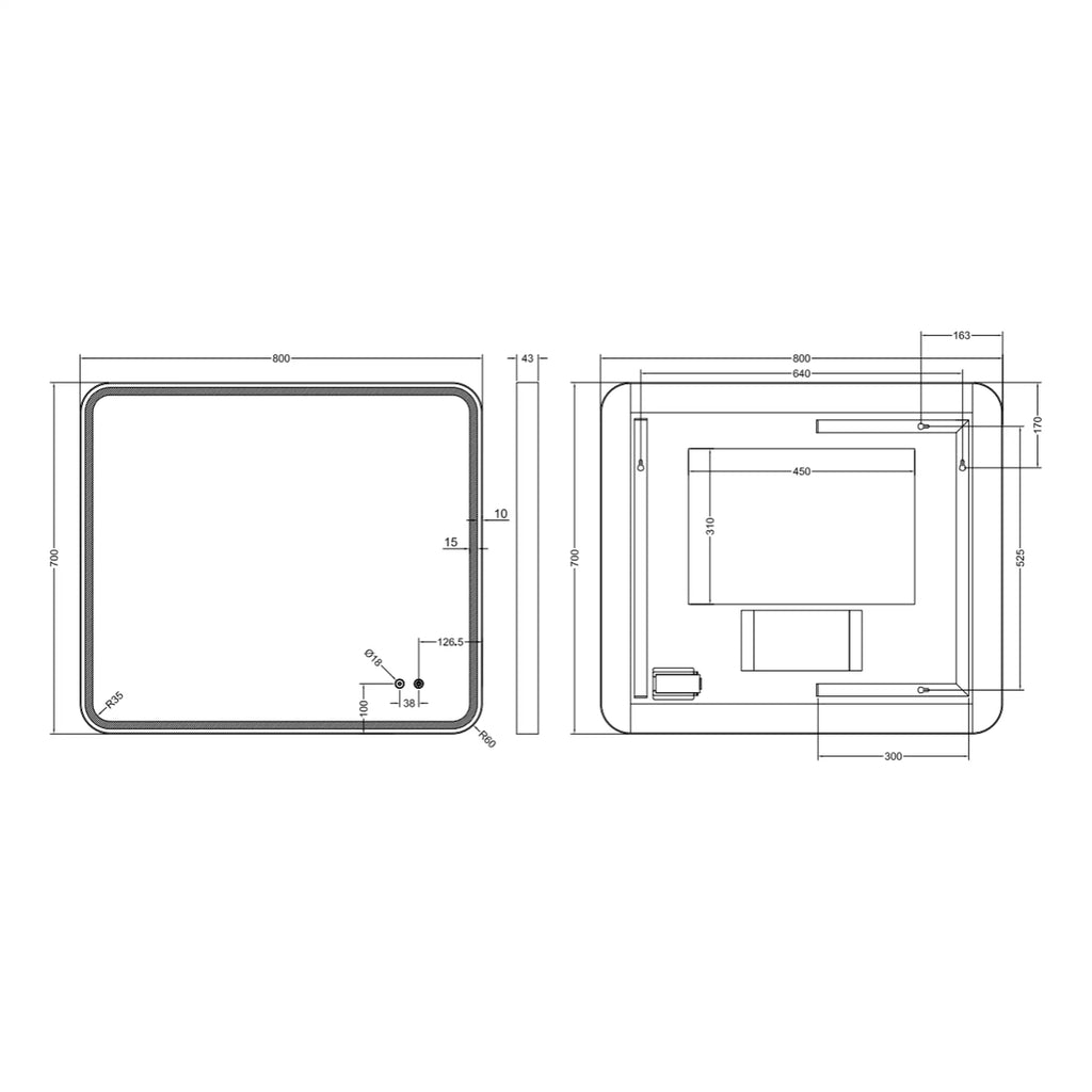 Sleek modern shower enclosure design with detailed technical blueprint, showcasing dimensions, corner radius, and hardware placement for stylish bathroom renovation projects.