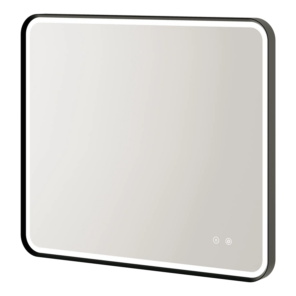 Glossy mirror with heated anti-fog feature, modern bathroom design, LED lighting, and touch control for a stylish and functional bathroom upgrade.