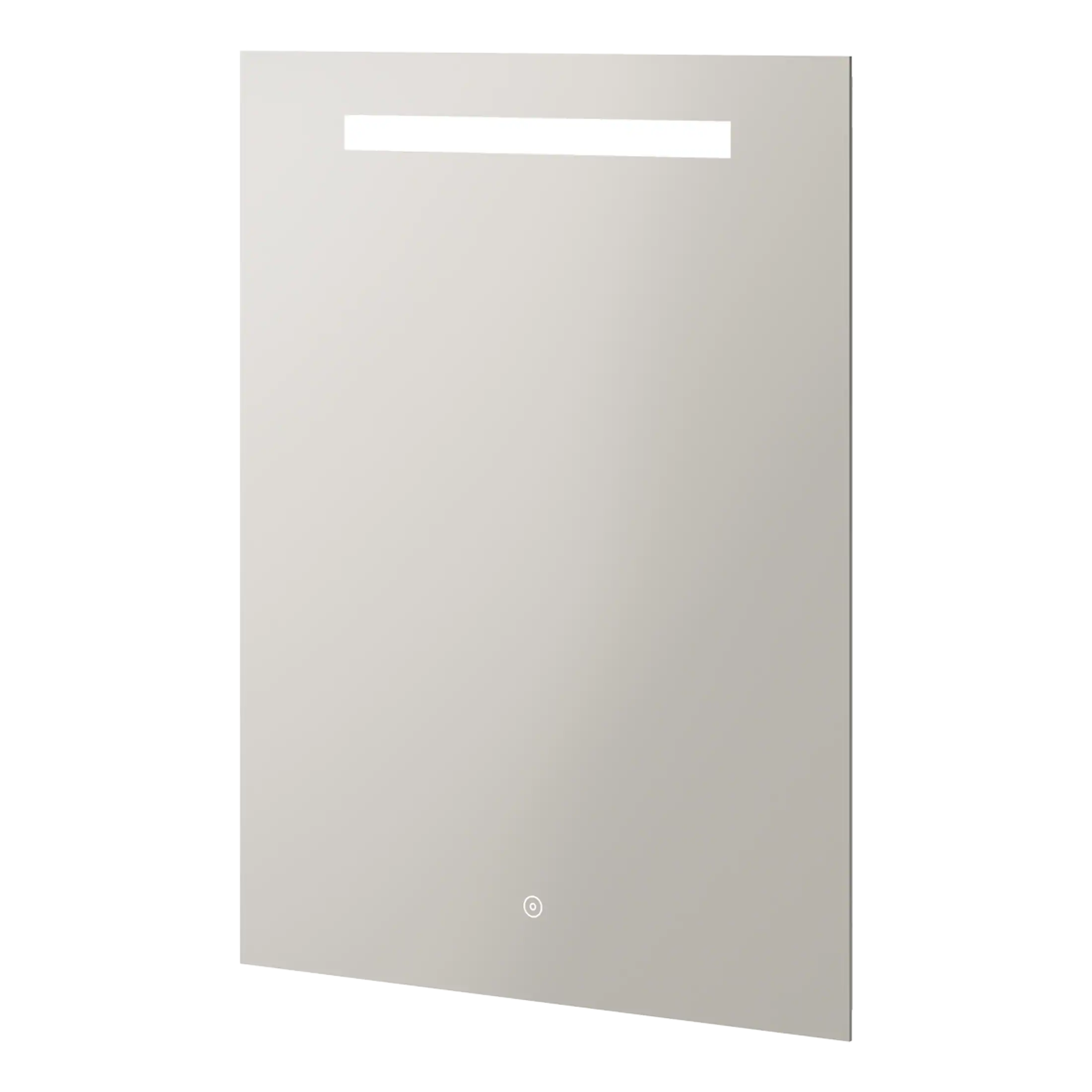 Sleek white rectangular bathroom mirror with built-in LED lighting for modern bathroom decor and enhanced illumination.