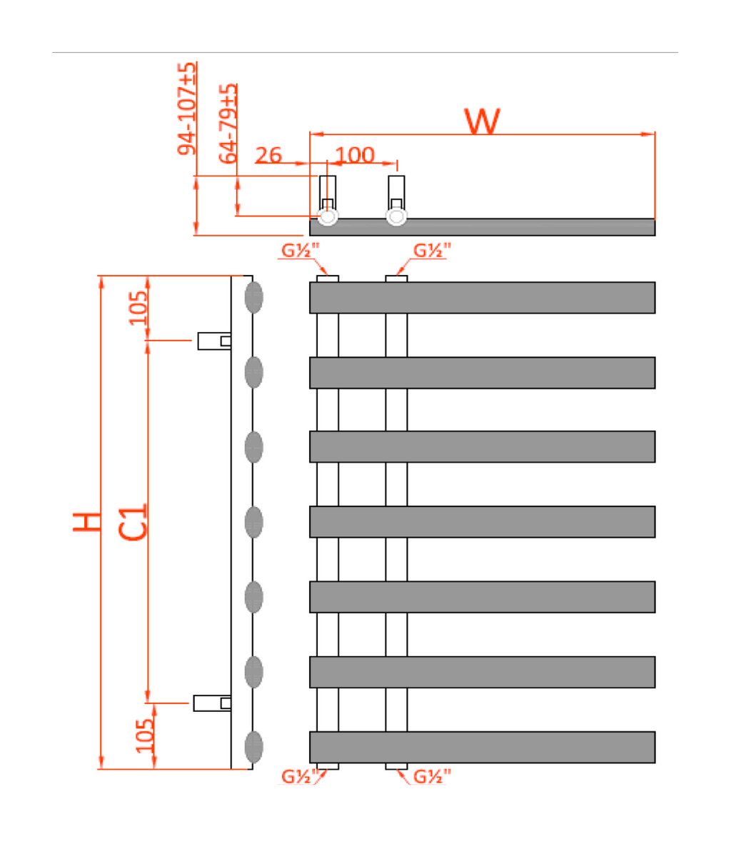Reina Grace Anthracite Heated Towel Rail - technical drawing with dimensions