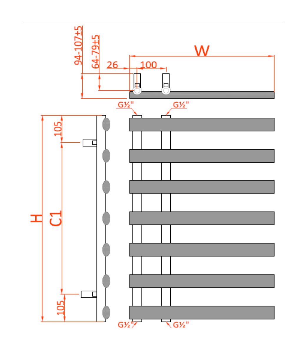 Reina Grace Brushed Brass Heated Towel Rail - technical drawing with dimensions