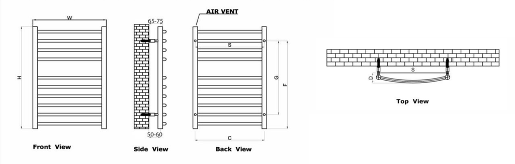 Reina EOS Polished Stainless Steel Heated Towel Rail - technical drawing with dimensions