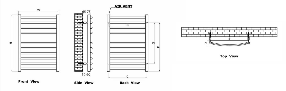 Reina EOS Polished Stainless Steel Heated Towel Rail - technical drawing with dimensions