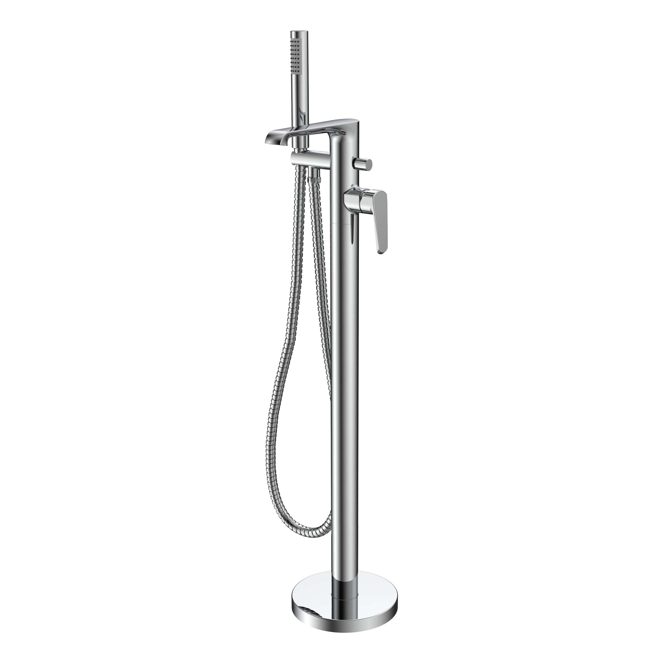 Shower stand with integrated handheld shower head and flexible hose, chrome finish, modern bathroom accessories.