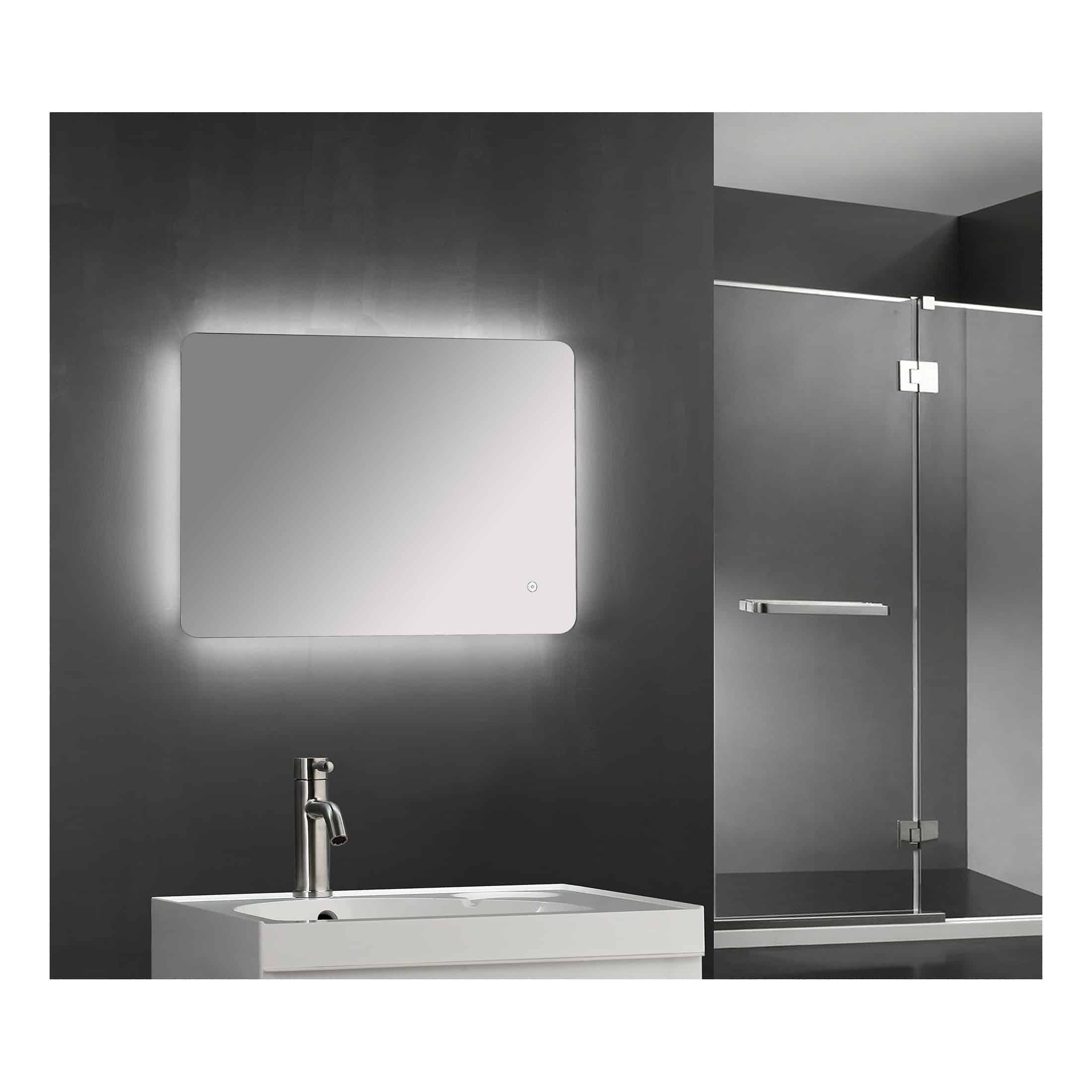 Mirror with LED backlight and modern bathroom sink with chrome tap, minimalist bathroom vanity, and sleek glass shower enclosure in a contemporary bathroom design.