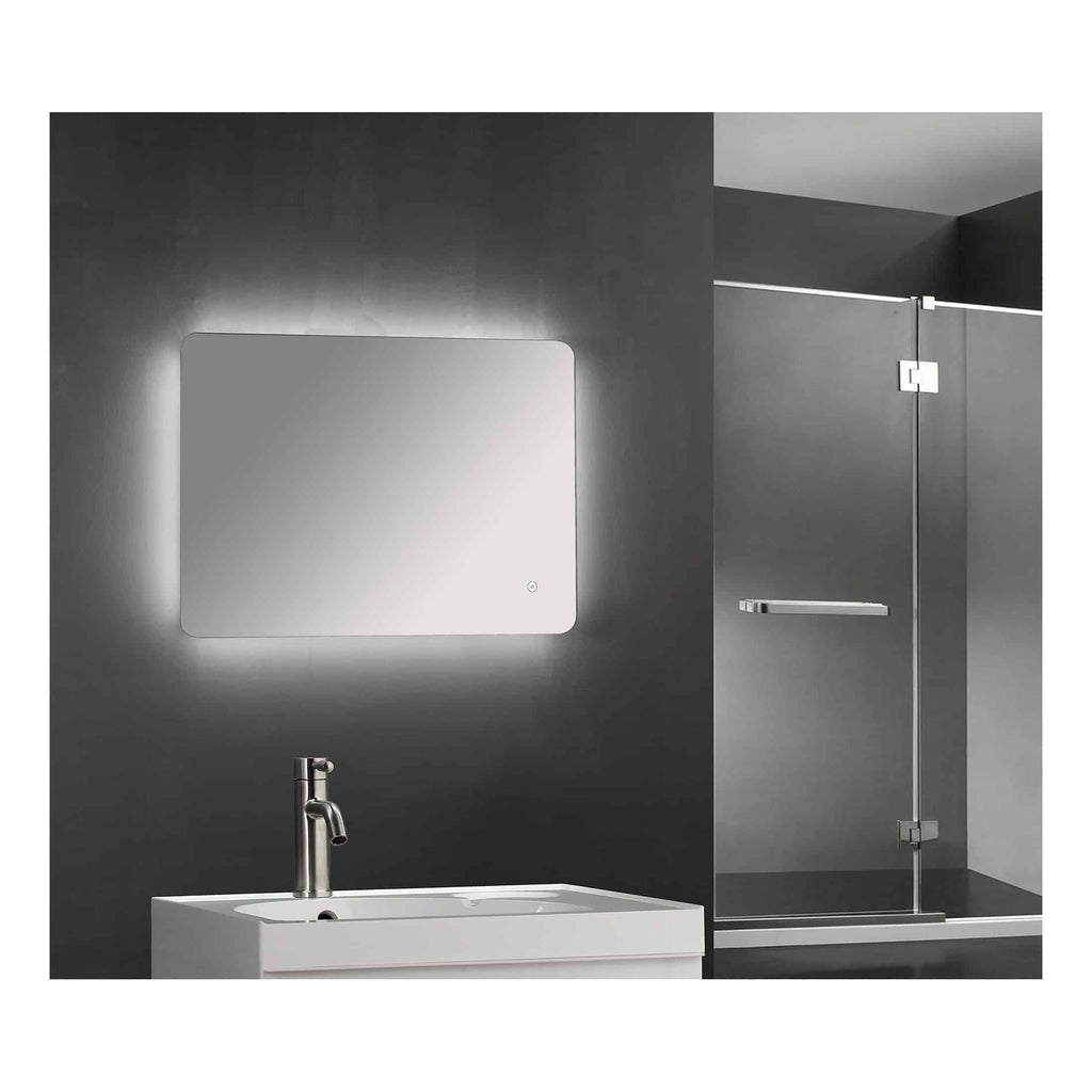 Mirror with LED backlight and modern bathroom sink with chrome tap, minimalist bathroom vanity, and sleek glass shower enclosure in a contemporary bathroom design.