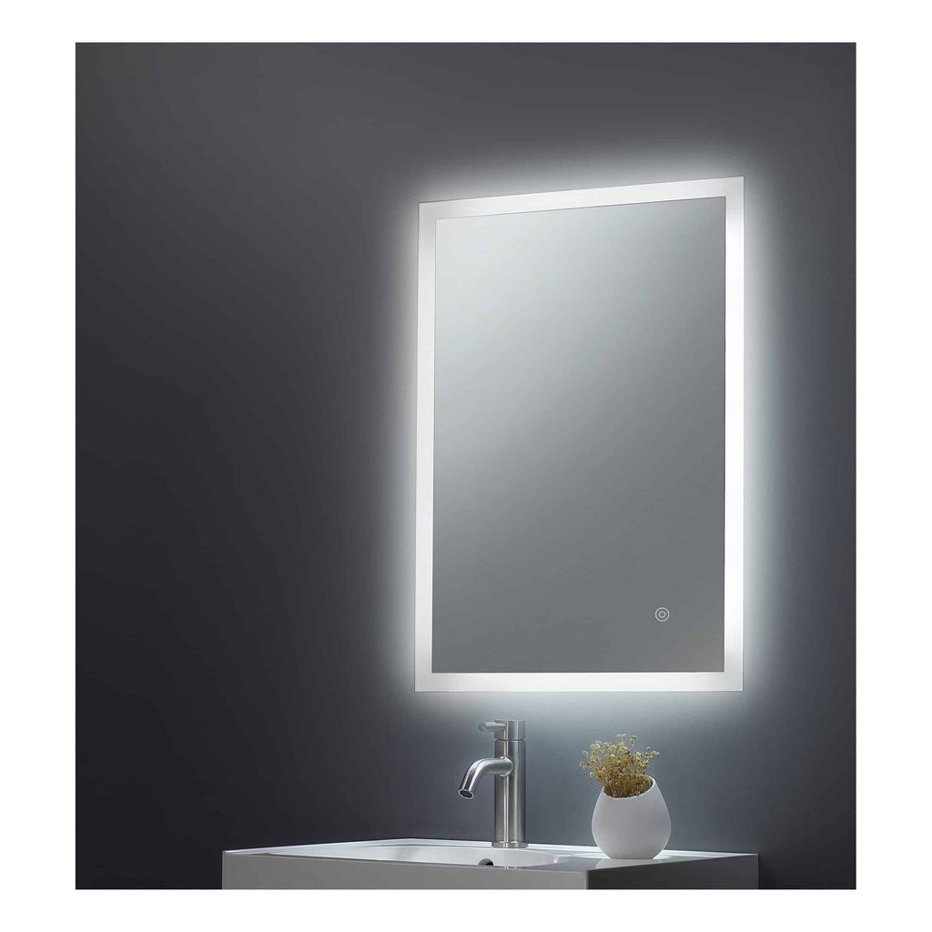 LED illuminated bathroom mirror with touch control and defogger for modern bathroom decor. Perfect for grooming, skincare, and adding contemporary style to your bathroom space.
