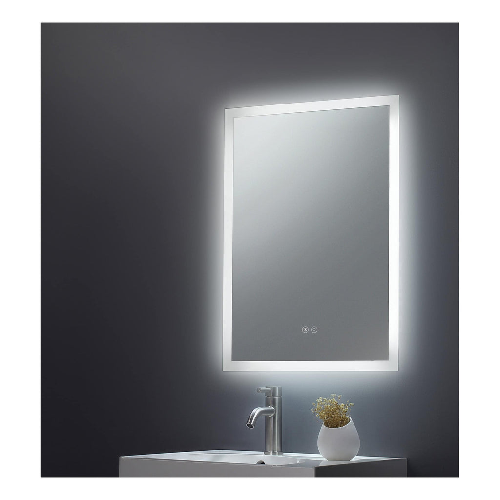LED illuminated bathroom mirror with touch controls, modern design, ideal for contemporary bathrooms, provides bright, energy-efficient lighting and anti-fog features.