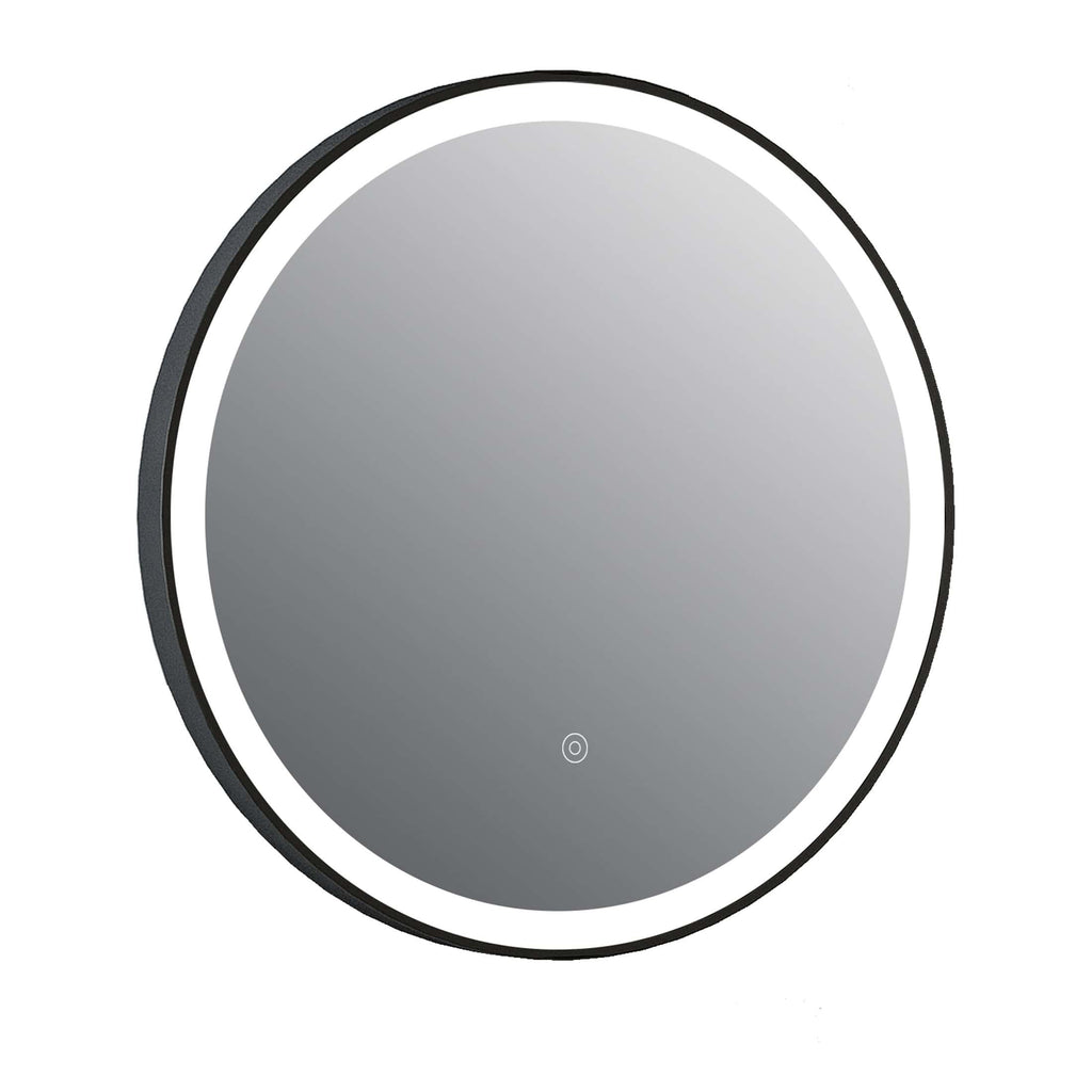 Sleek modern round mirror for bathrooms, featuring a minimalist design with a black rim and built-in LED lighting for enhanced illumination and style. Perfect for contemporary bathroom decor.