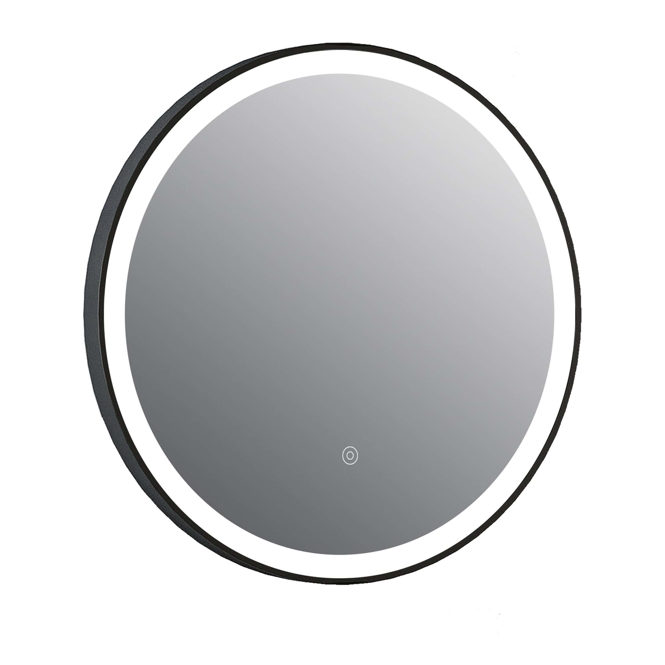 Sleek modern round mirror for bathrooms, featuring a minimalist design with a black rim and built-in LED lighting for enhanced illumination and style. Perfect for contemporary bathroom decor.