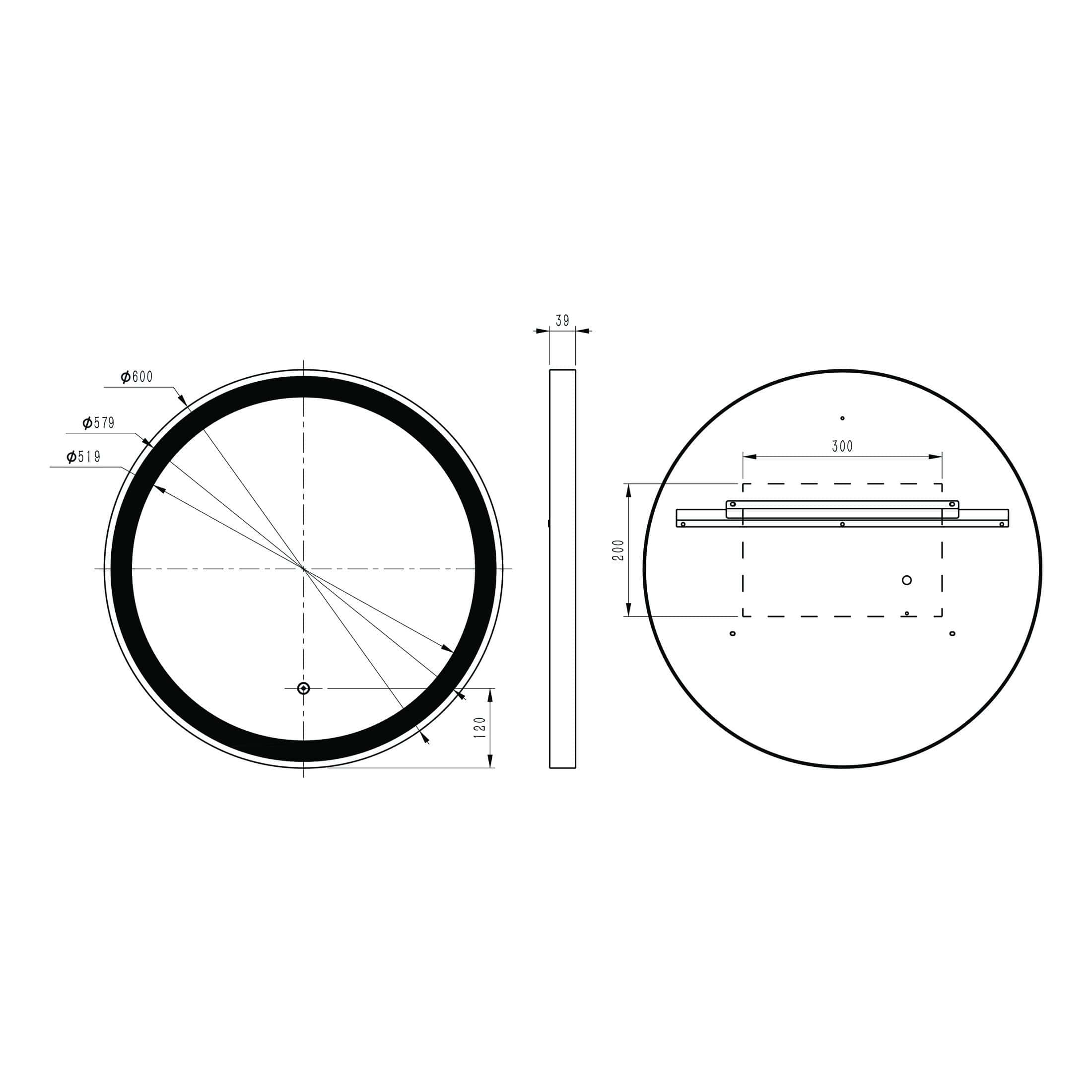 High-quality technical drawing of a round bathroom LED mirror, showcasing dimensions and mounting details for bathroom renovation and installation projects.
