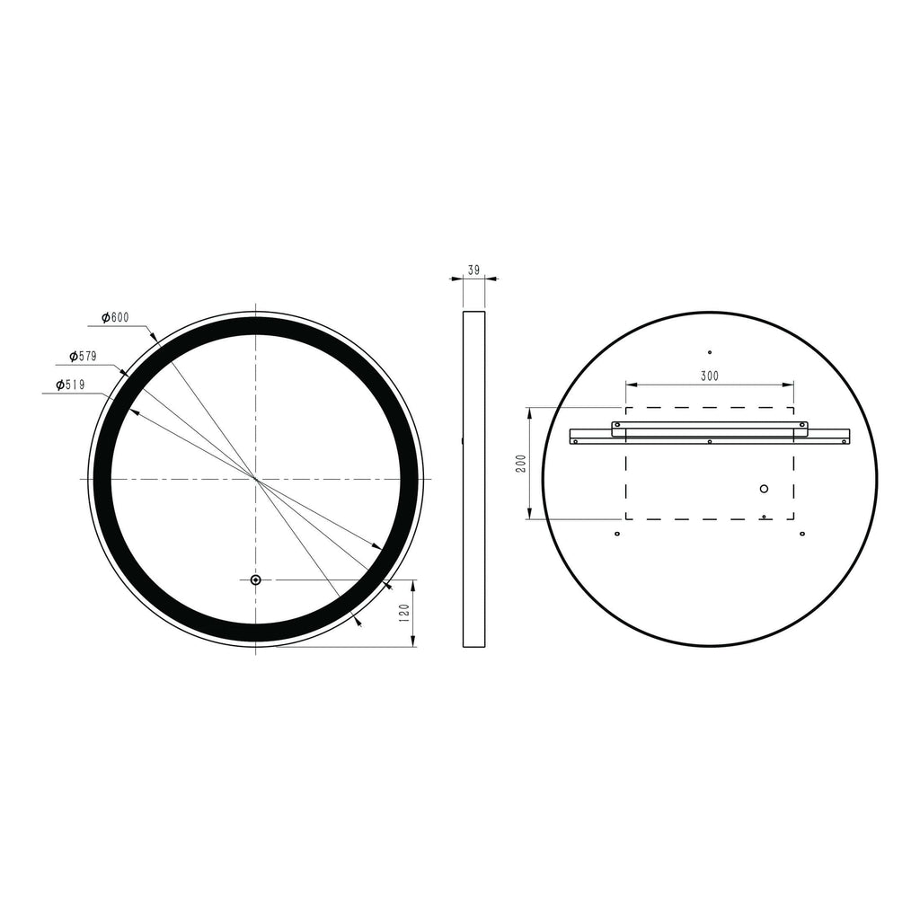 High-quality technical drawing of a round bathroom LED mirror, showcasing dimensions and mounting details for bathroom renovation and installation projects.