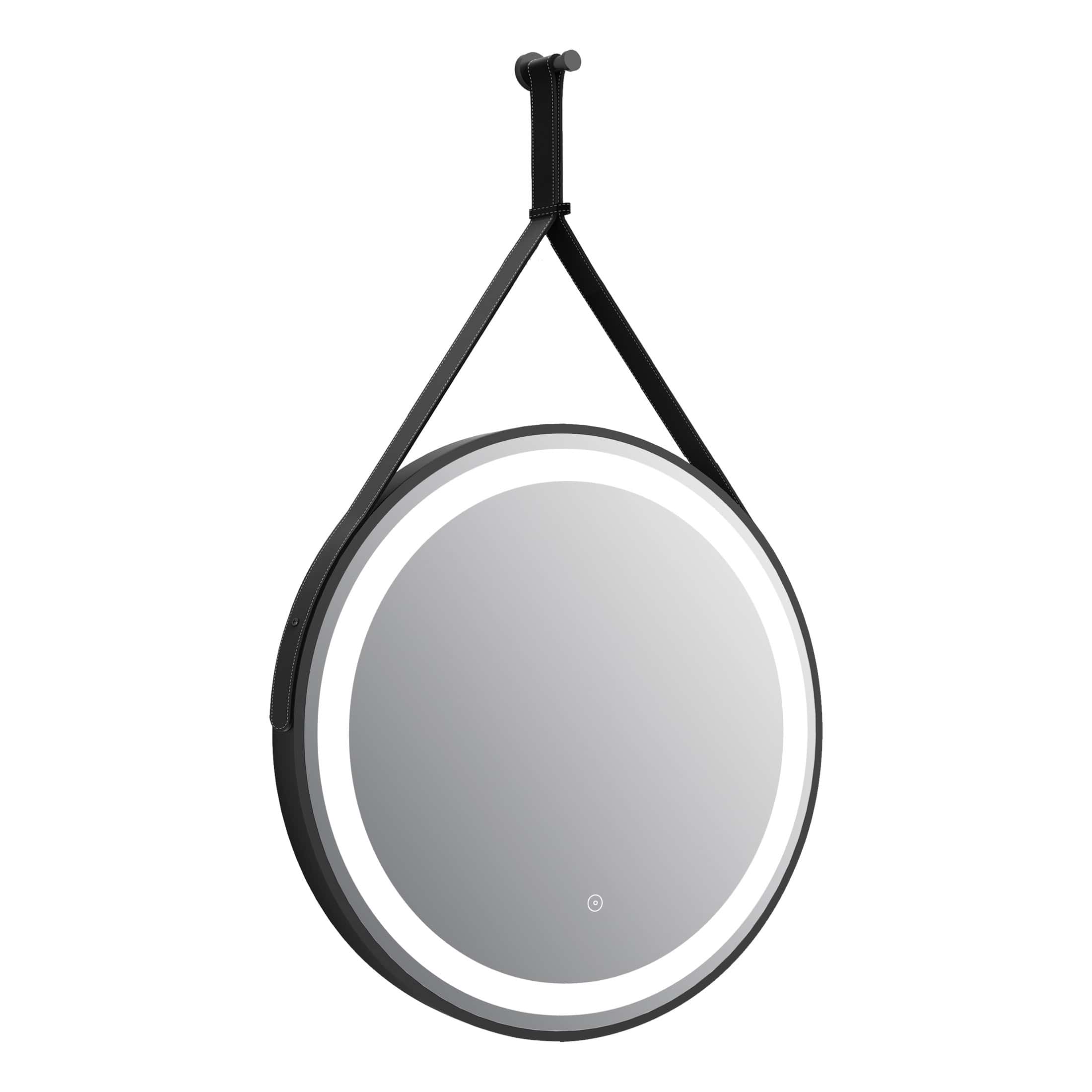 Round LED illuminated bathroom mirror with black leather strap, modern bathroom decor, wall-mounted mirror for vanity, illuminated mirror with touch sensor.