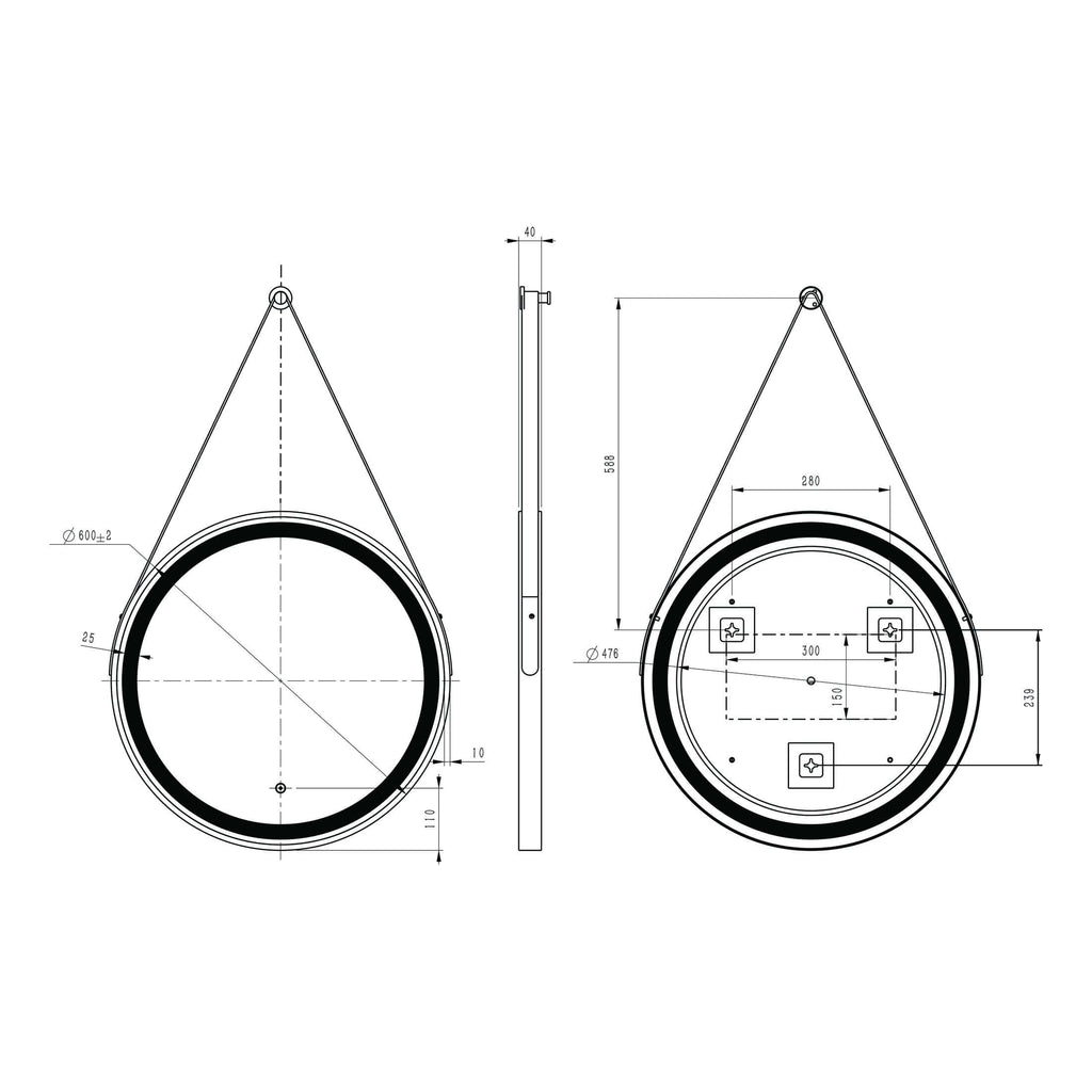 Precision technical drawing of a circular bathroom installation, including dimensions, mounting hardware, and detailed schematics for bathroom design and plumbing fittings.