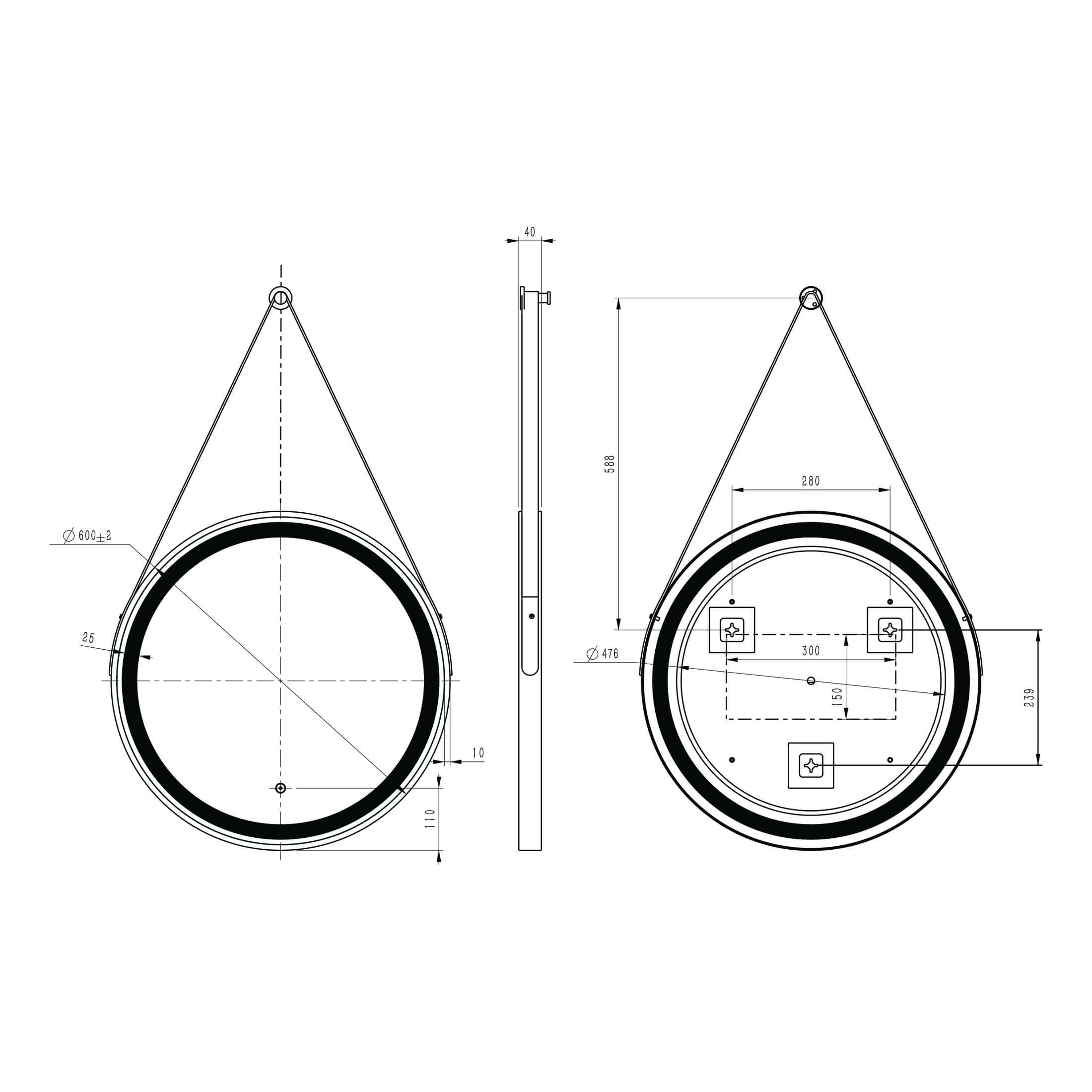 Precision technical drawing of a circular bathroom installation, including dimensions, mounting hardware, and detailed schematics for bathroom design and plumbing fittings.