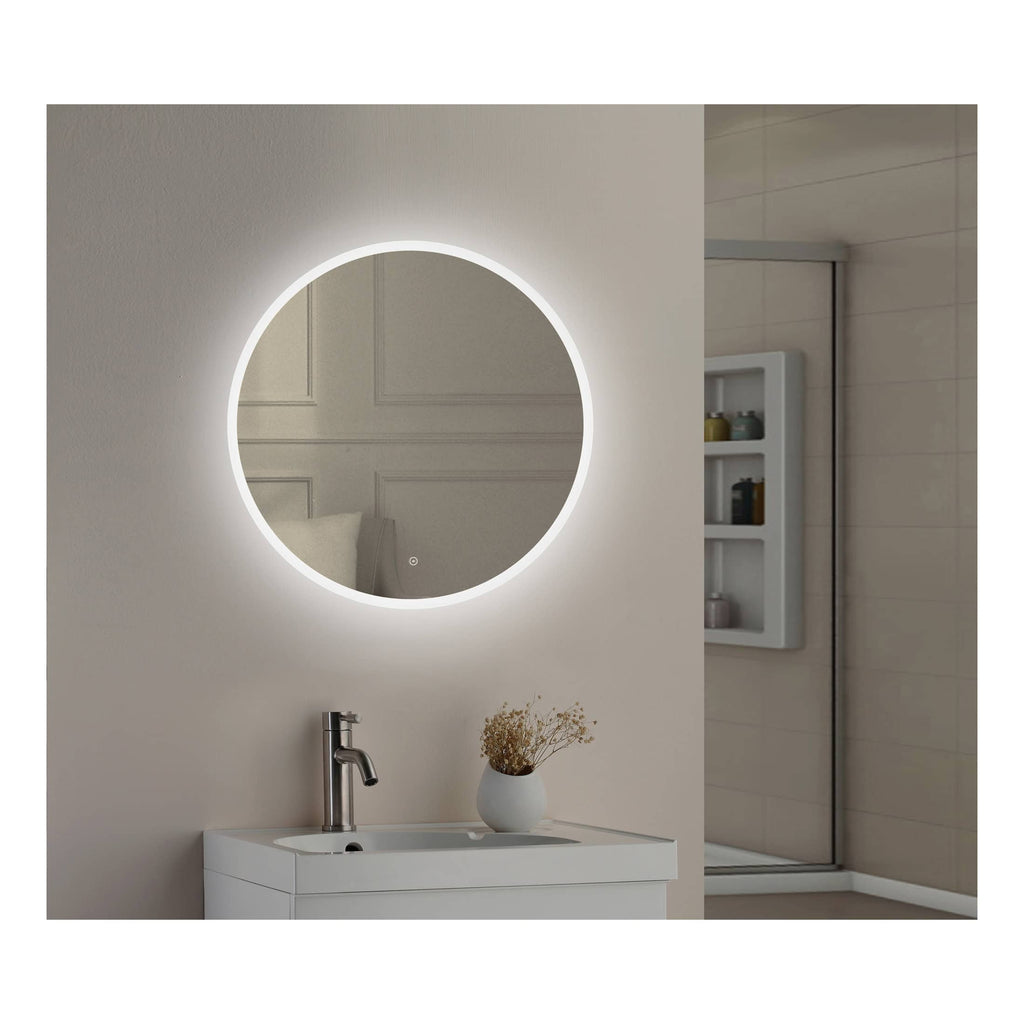 LED illuminated round bathroom mirror with modern minimalist design, perfect for contemporary bathroom decor, providing stylish and functional lighting for grooming routines.