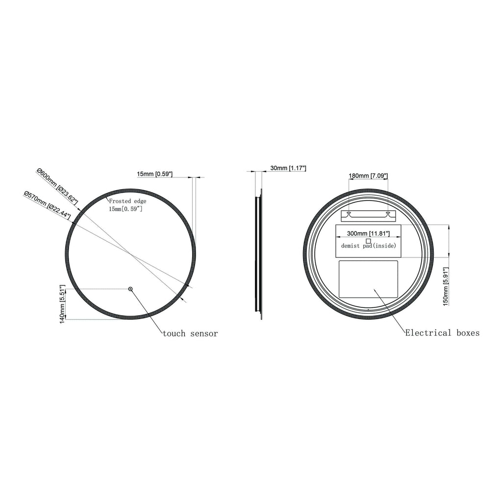 Silver circular bathroom access panel with frosted edge, touch sensor, and internal electrical boxes, featuring precise dimensions for seamless installation.