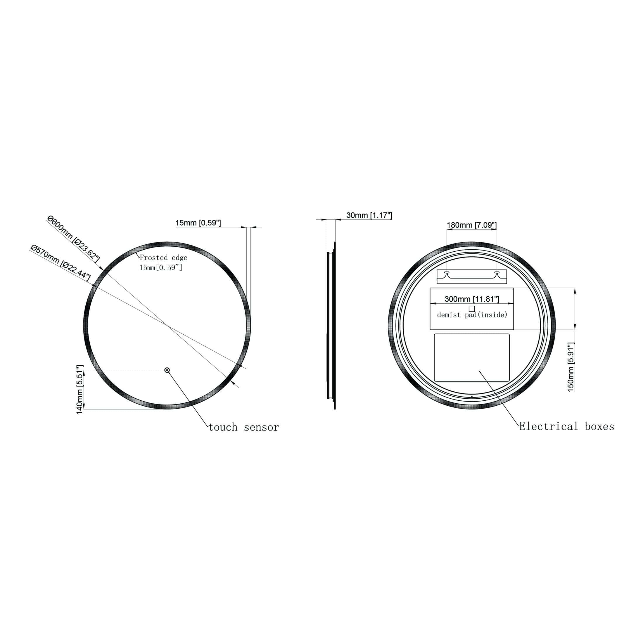 Silver circular bathroom access panel with frosted edge, touch sensor, and internal electrical boxes, featuring precise dimensions for seamless installation.