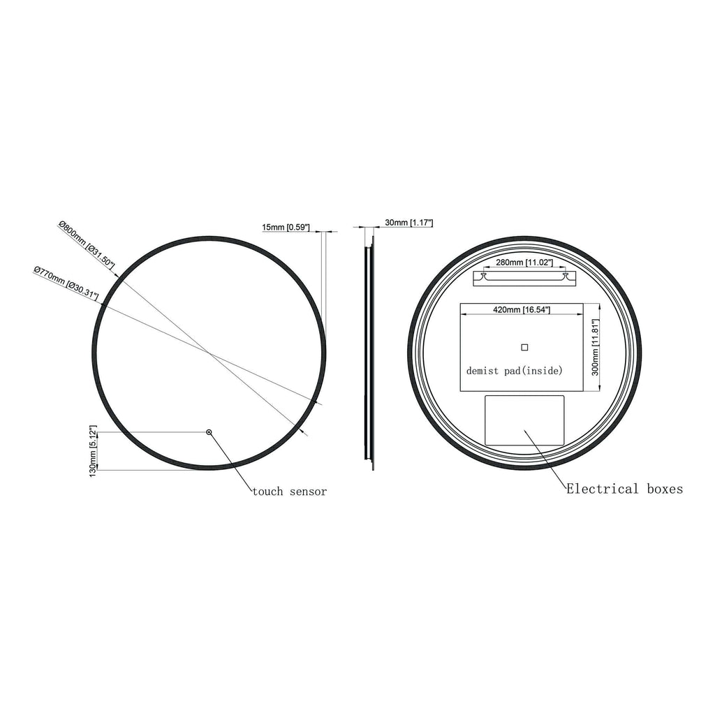 High-tech circular touch sensor with detailed internal measurements for bathroom automated fixtures, featuring electrical boxes and demist pad inside, ideal for modern Bubly bathrooms.